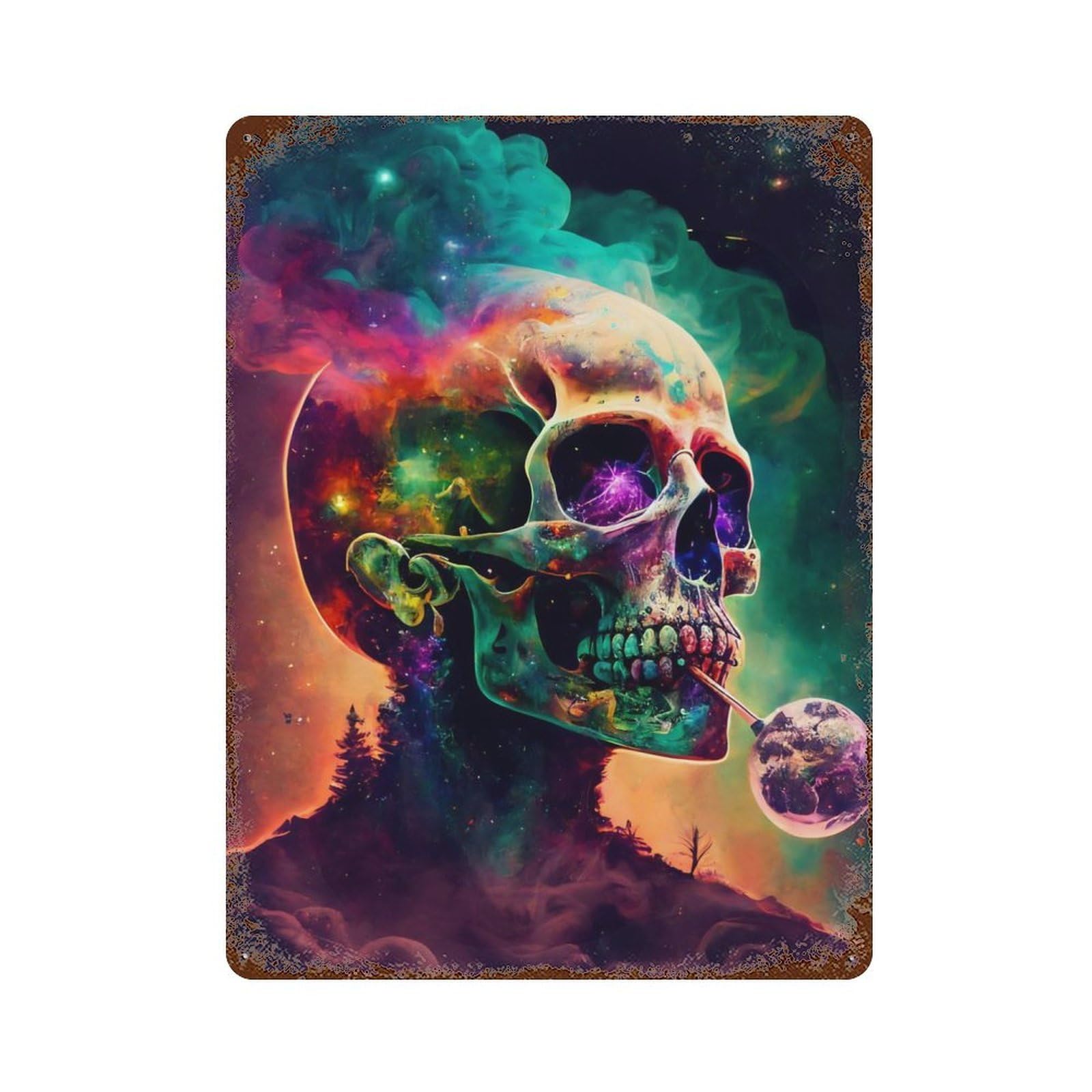 Psycho Skull 15.7"x11.8" Rust Effect Tin Sign, Rustic Home Decor for Office, Studio And Wall Decor