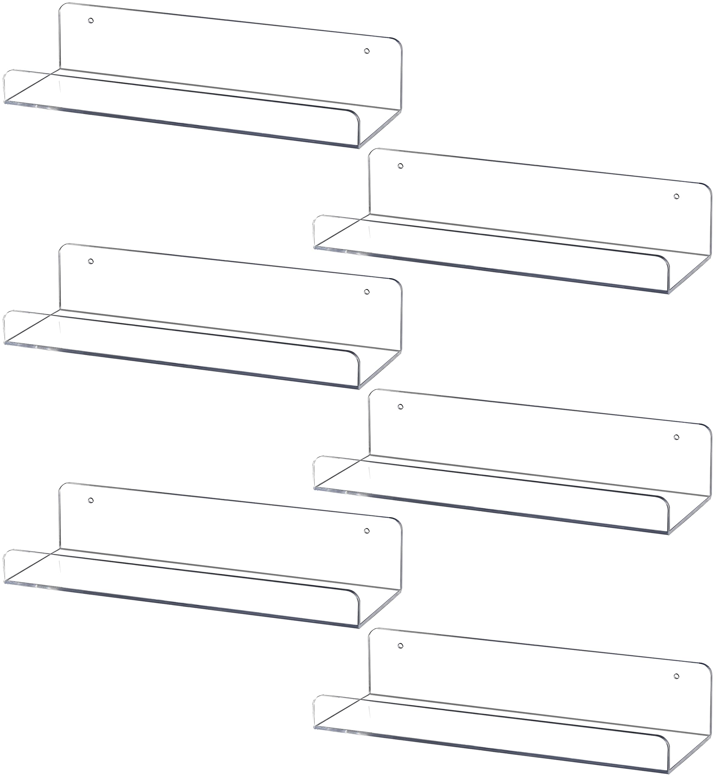 Sooyee 6 Pack Floating Shelves,15 Inch Acrylic Shelves Floating Bookshelf,Funko Pop Display Shelf, Invisible Picture Ledge Wall Mounted Shelves,Clear