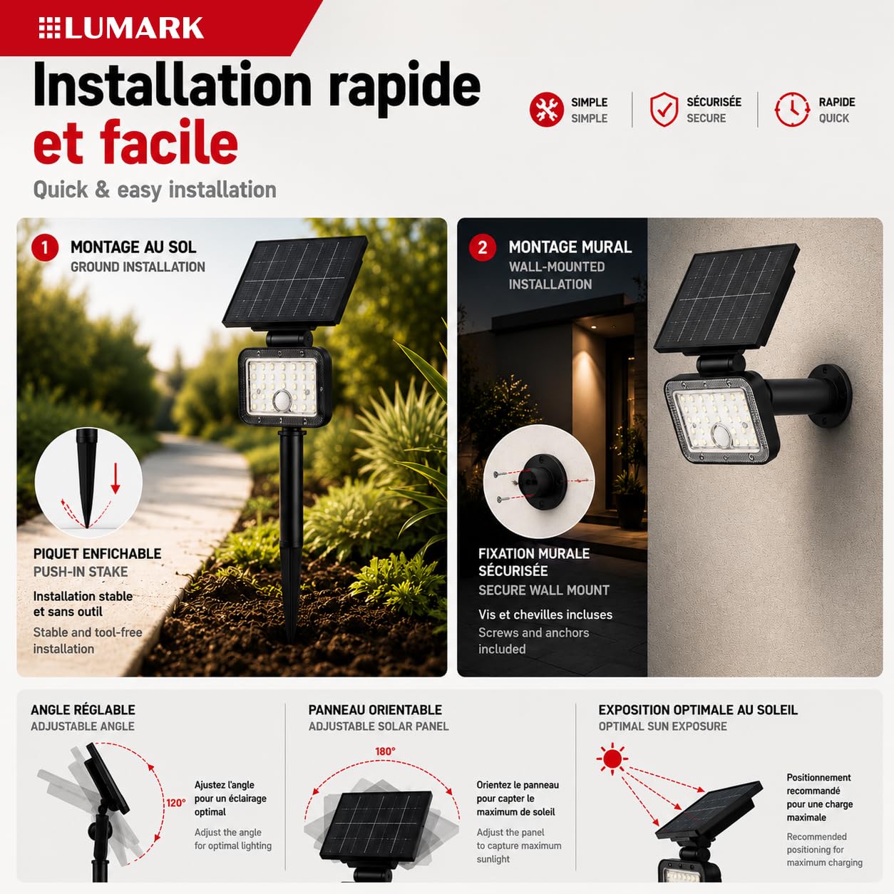 LUMARK Lot de 3 Lampes Solaires Extérieur 8W 1150 lm avec Piquet, Spot LED Jardin IP65, Détecteur Mouvement & Lumière, Télécommande, 3000K, Éclairage Allée Sans Fil