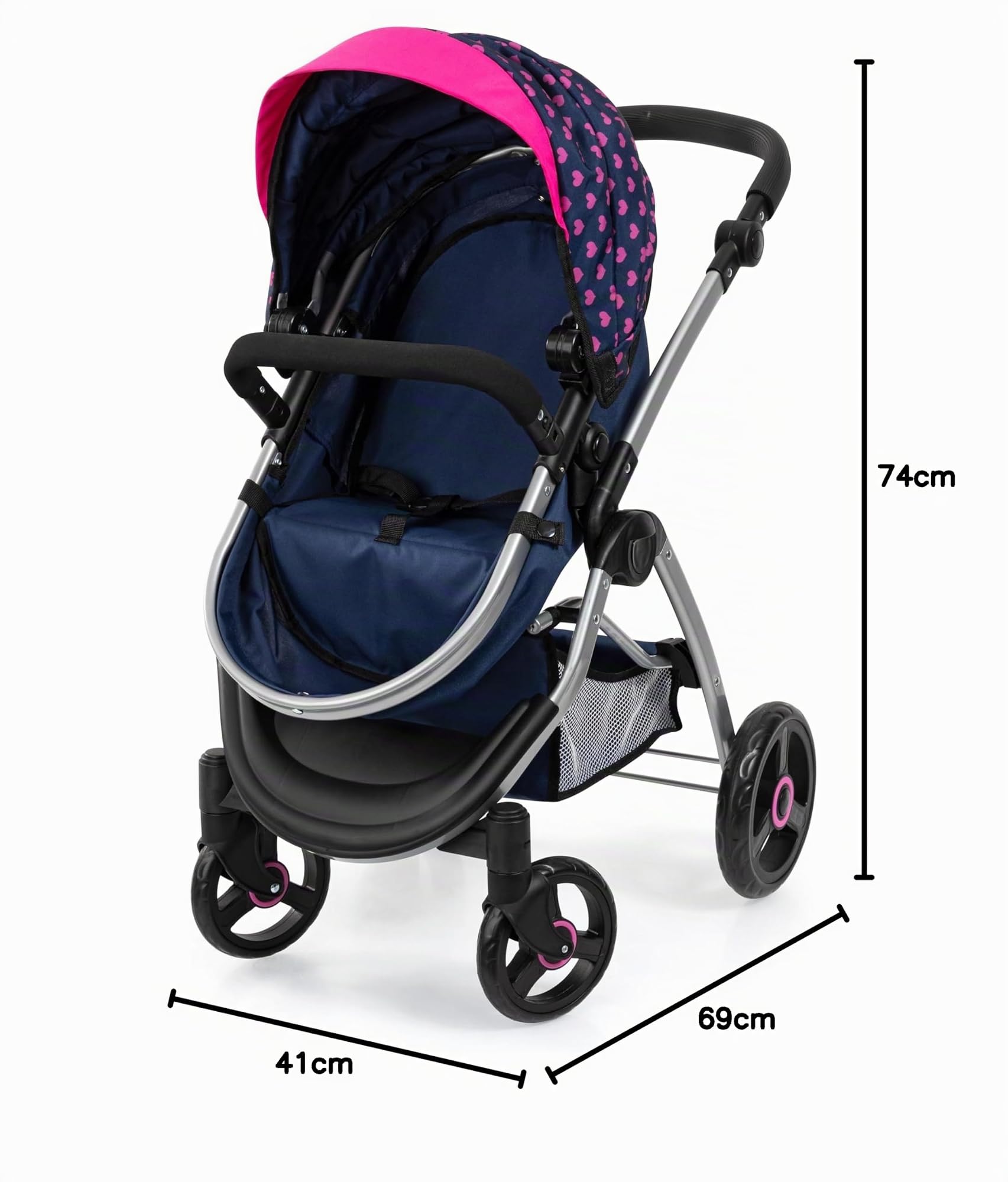 Bayer Design Cochecito de muñecas City MAX con Bolsa, Regulable en Altura | ruedas delanteras giratorias, convertible en silla paseo, cesta integrado