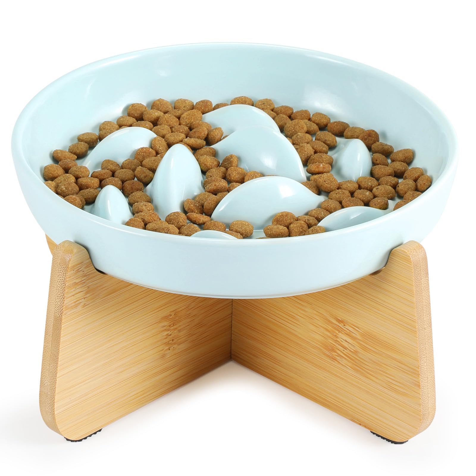 PETTOM 2-Pack Gamelles Anti-Glouton Céramique avec Support Bambou (Blanc + Vert)
