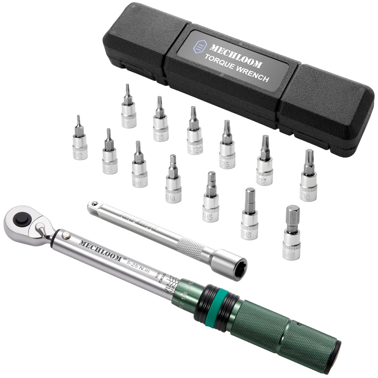 Bicycle Torque Wrench Set, 1/4-Inch, 5–25 Nm, 15-Piece Kit