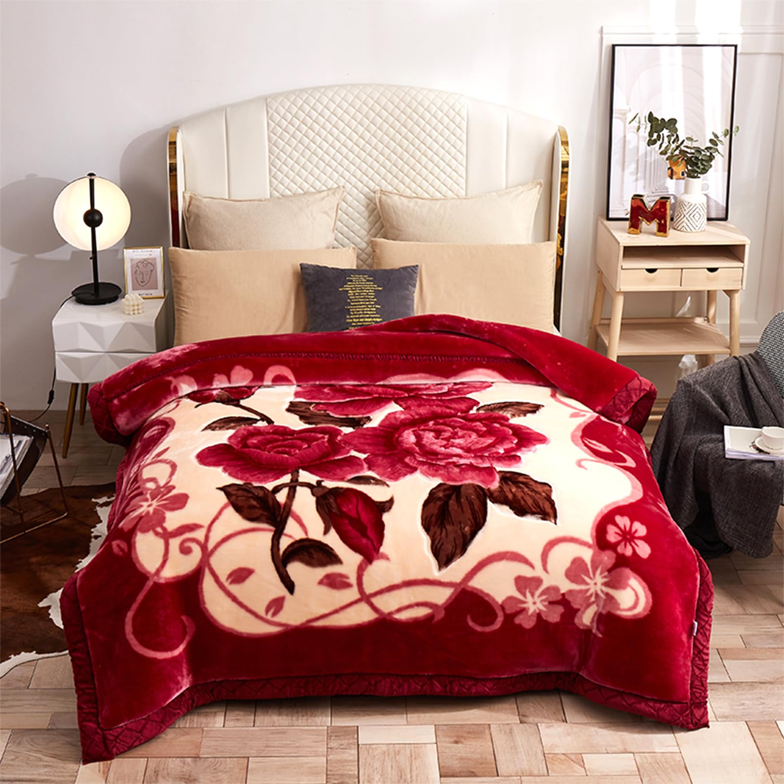 Heavy Korean Mink Blanket, 5.5 lbs Exuberant Flower Thick Winter Blanket 59 x 78 in Plush Double-Layer Ultra Soft Weighted Blankets for Bed (Hot Hibiscus+Cream)