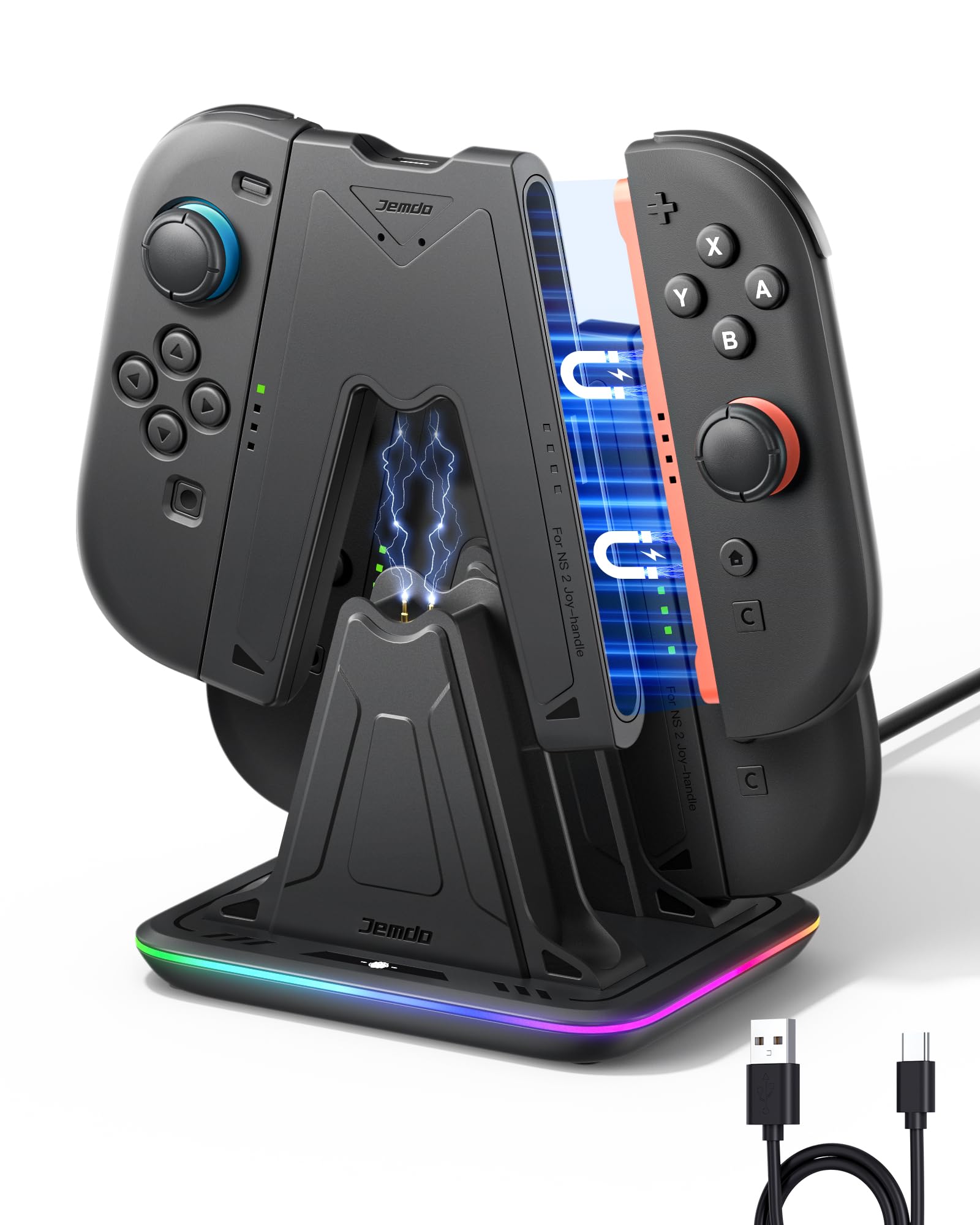 JEMDO Station Charge Manette Switch 2 - Support de Recharge Joy Con 2 avec 2 Grips Magnétiques, 9 Modes RGB, Indicateur LED, USB-C, Play & Charge, Accessoire Idéal pour Voyage