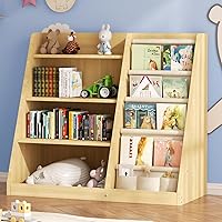 EXPERLAM 4-Tier Wooden Kids Bookshelf & Toy Storage Organizer with Sling Book Rack for Nursery Playroom