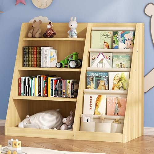 Estantería para niños y organizador de almacenamiento de juguetes, estante de libros de madera de 4 niveles con soporte para libros en sala de