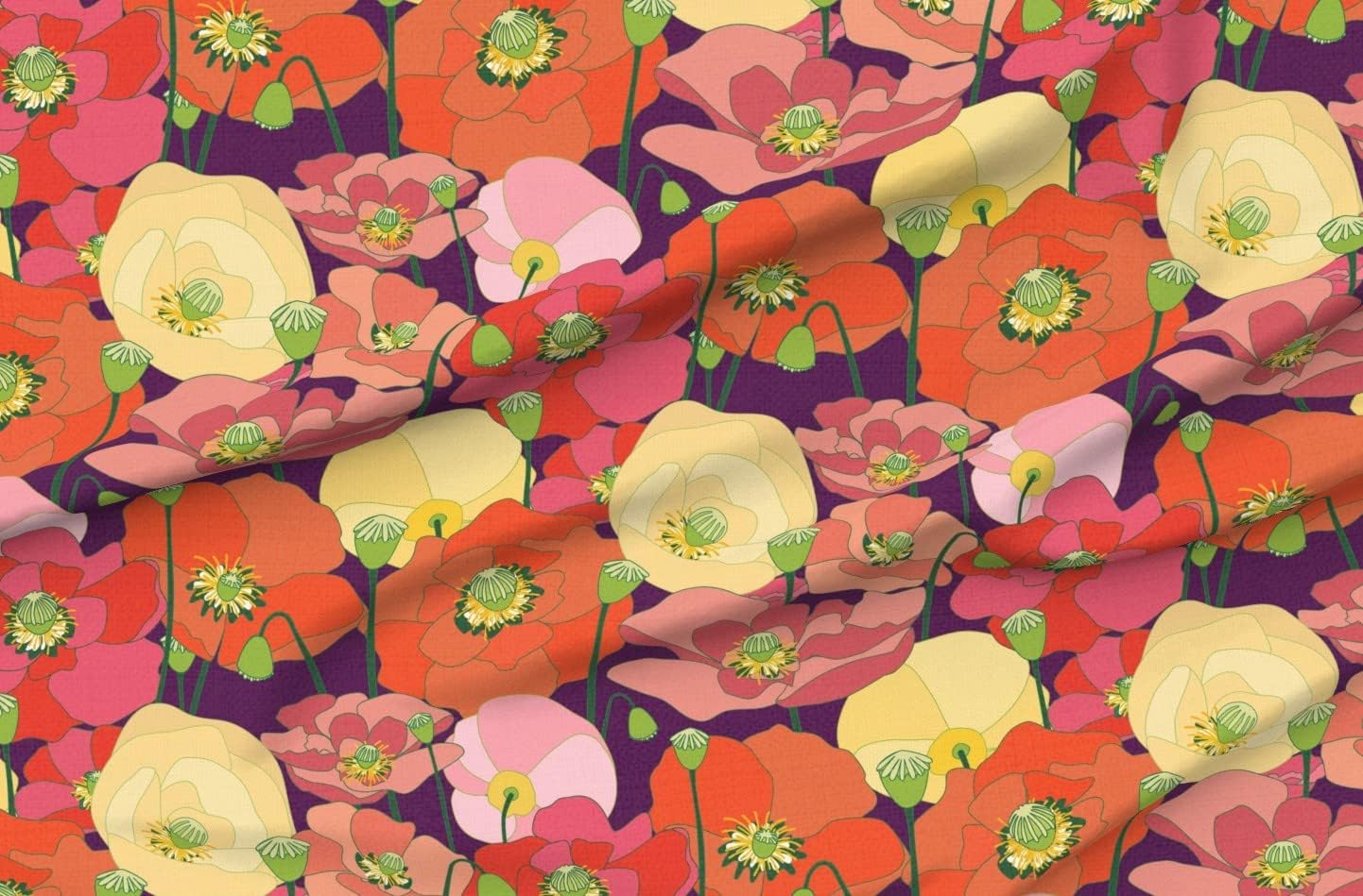 Spoonflower Fabric - Vintage Bright Retro Poppies 1970S 1960S Large Scale Bohemian Joyful Printed on Minky Fabric by The Yard - Sewing Baby Blankets Quilt Backing Plush