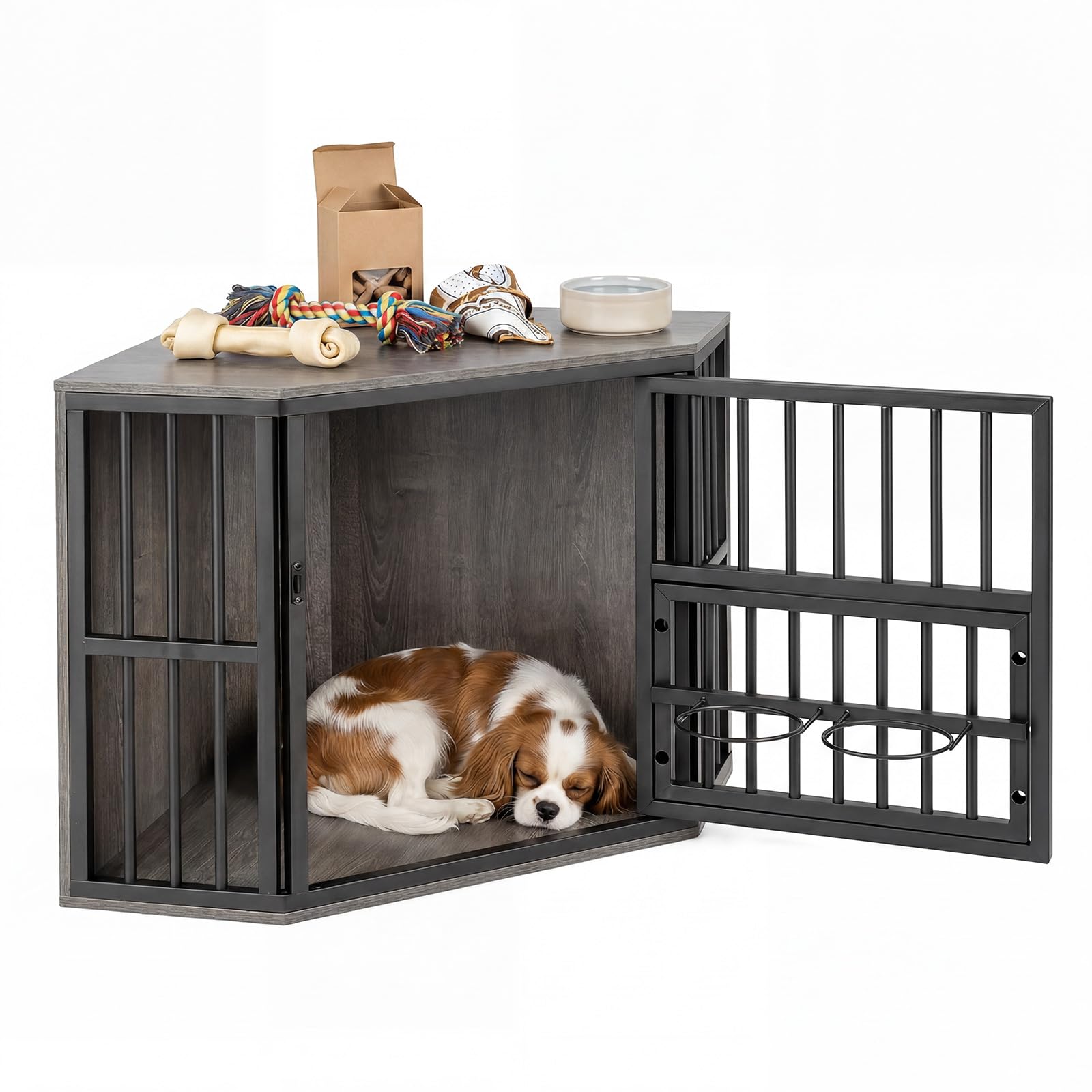 COSTWAY Corner Dog Crate, 2-in-1 Dog Kennel & TV Stand, (Grey)