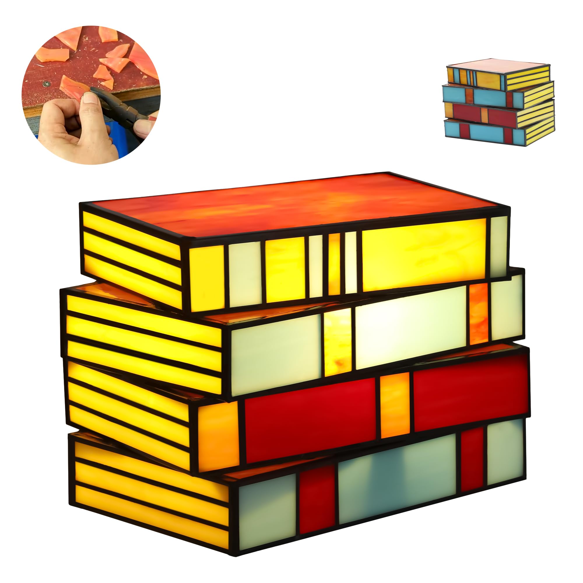 Photo 1 of ZOYACREATE Real Stained Glass Book Stack Lamp, Small Tiffany Style Table Lamp Handmade Vintage Books Light Decor