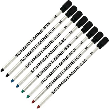Schmidt 635 D1 Mine Ballpoint Refill - Blue, Black, Green, Red Ink - Medium Tip 0.7mm - Pack of 8 with Plastic End Cap