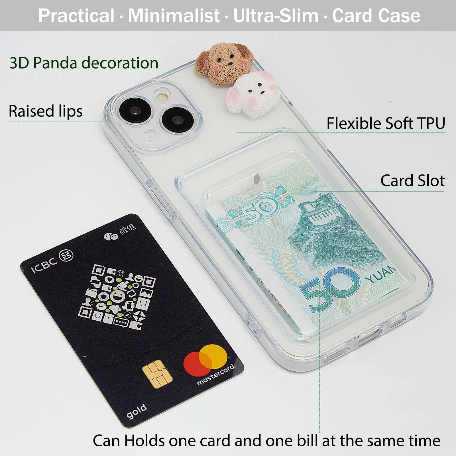 Chengyuanfeng Cover Trasparente per iPhone 13 con Porta Carte, Custodia Ultra-Sottile 1,5 mm in TPU Antigiallo Antiurto, Minimalista con 3D Cagnolino Applicato a Mano, per Viaggi, Serate e Caffè