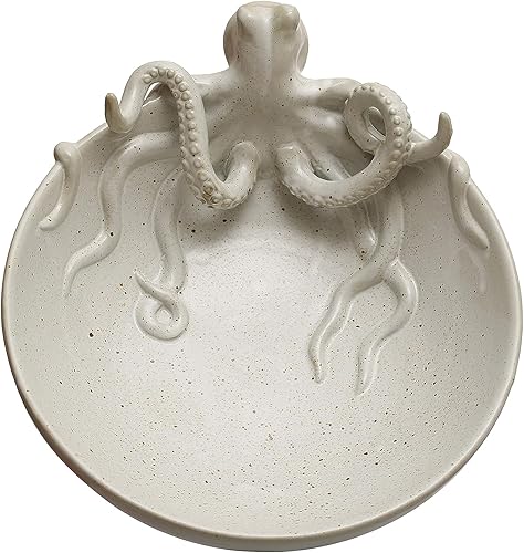 Creative Co-Op Esmalte reactivo del pulpo del gres de 13,75 pulgadas, cuenco moteado blanco