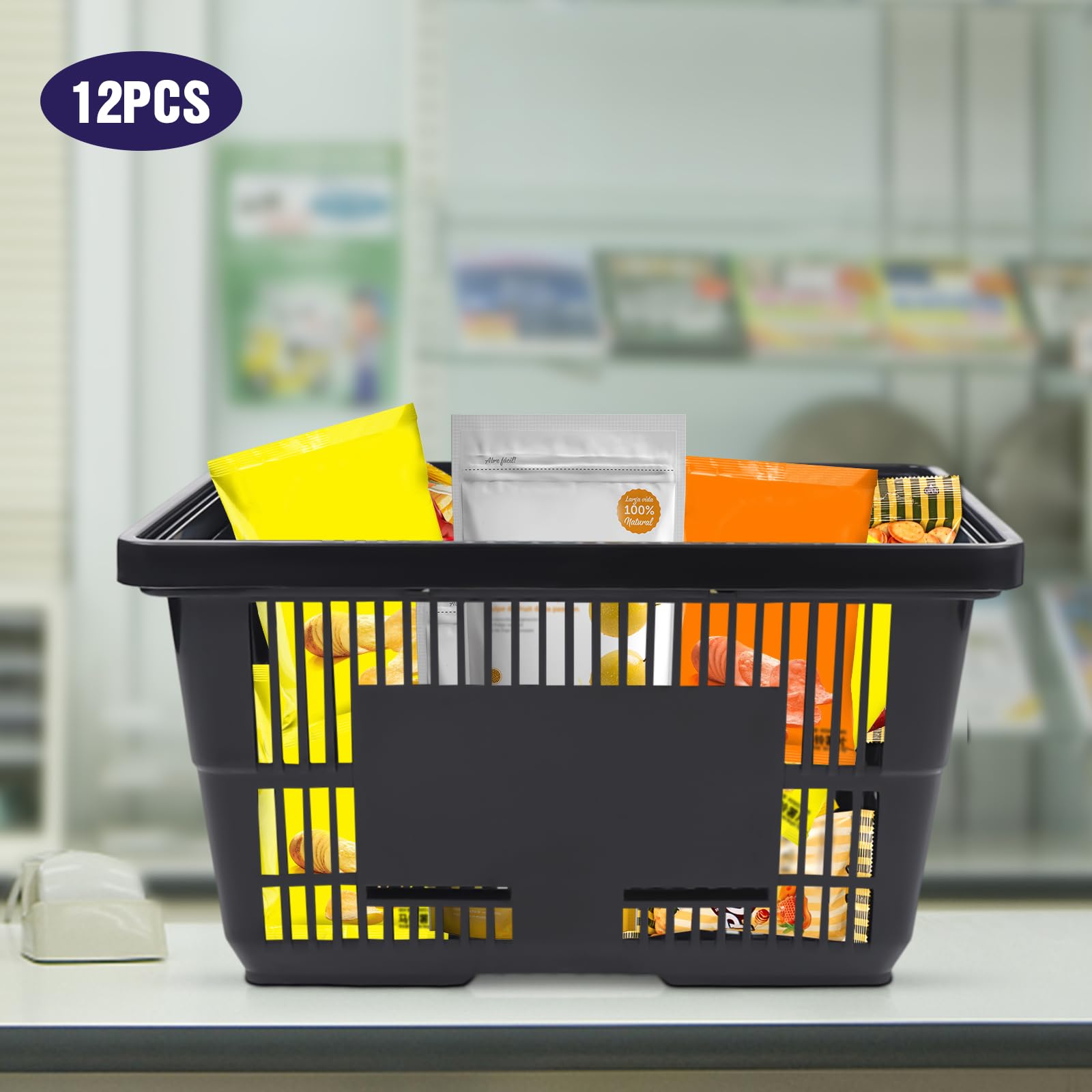 Juego de 12 cestas de compras cestas de plástico con asa plegable,apilable cesta de plástico cesta de compras de gran capacidad para supermercado, librería, casa
