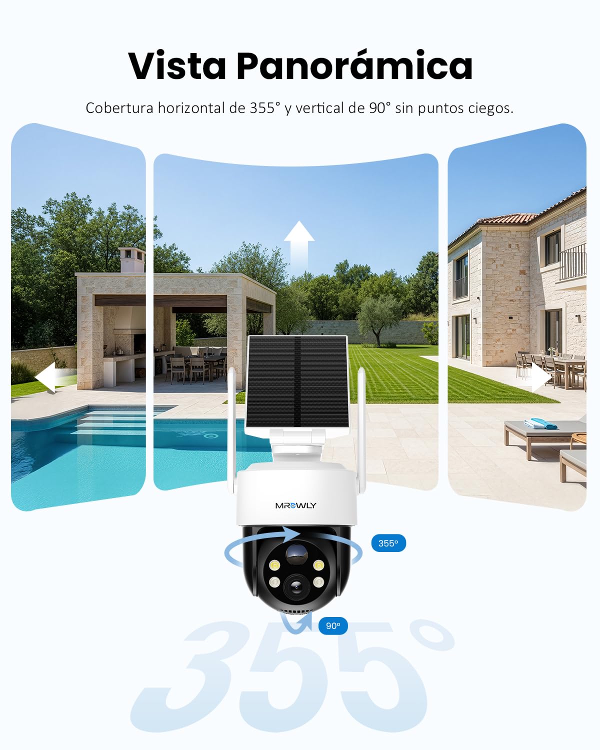2K Camara Vigilancia WiFi Exterior Solar, Camara de Vigilancia con Batería Recargable, 3MP Vision Nocturna Color, 360°PTZ, Detección de Movimiento PIR, 2.4GHz, IP65