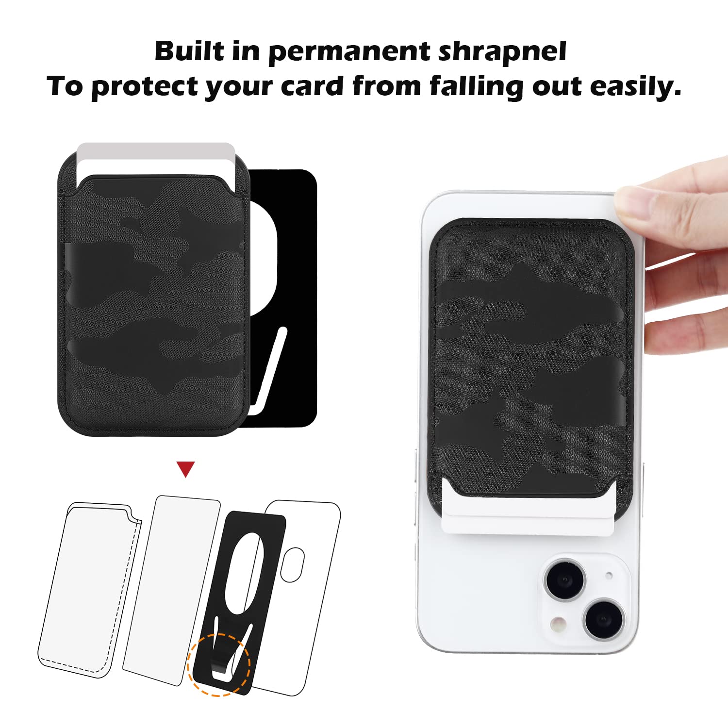 FIDWALL Magsafe Wallet Portafoglio Tessuti in Pelle per iPhone 16/15/14/13/12 Max/Pro/Plus/mini,con Anello in Ferro per all Phone Case,RFID Card Holder con Magsafe Magnete(Nero mimetico)