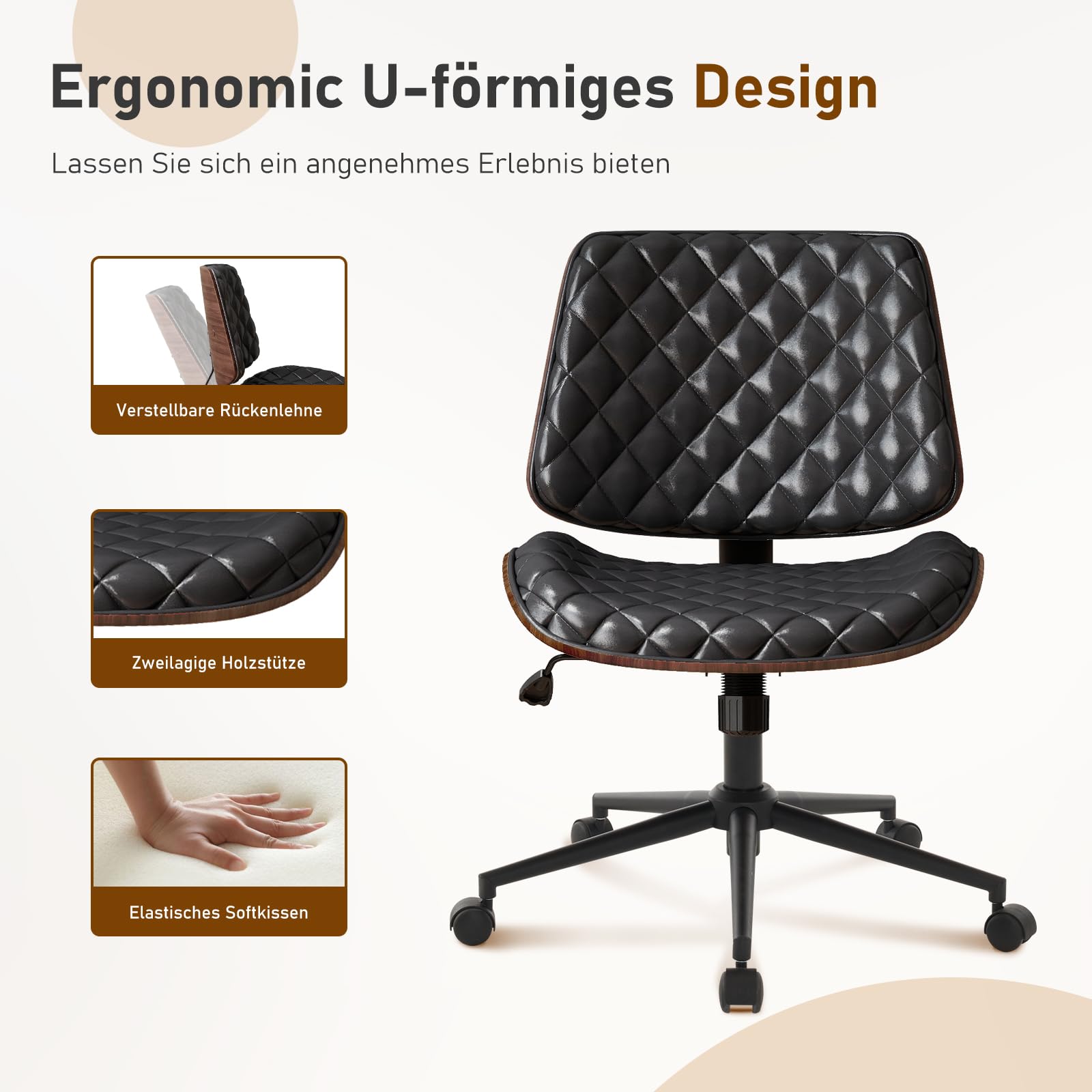 Bürostuhl Schwarz mit Stabiler Holzstützung, Schreibtischstuhl ohne Armlehne, Drehstuhl Büro mit Rollen, Hochwertiger Bürostuhl Leder Optik, Drehsessel für Home Office & Arbeitszimmer