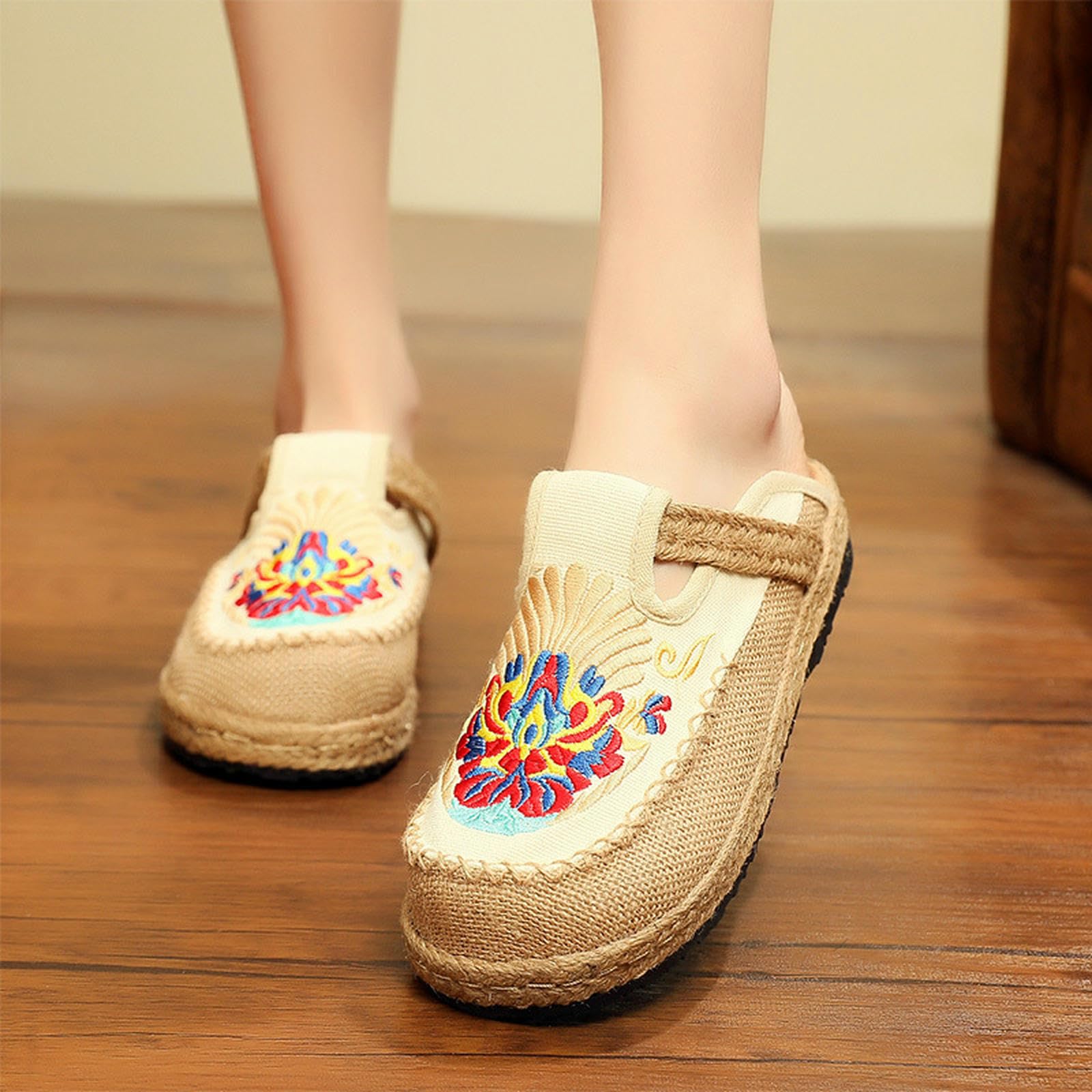 Ciabatte Donna Pantofole di Biancheria Ricamate in Stile Etnico delle Donne - Scarpe Tessuto Estivo A Mano, Calzature Casual Traspiranti E Antiscivolo-white-35 UE