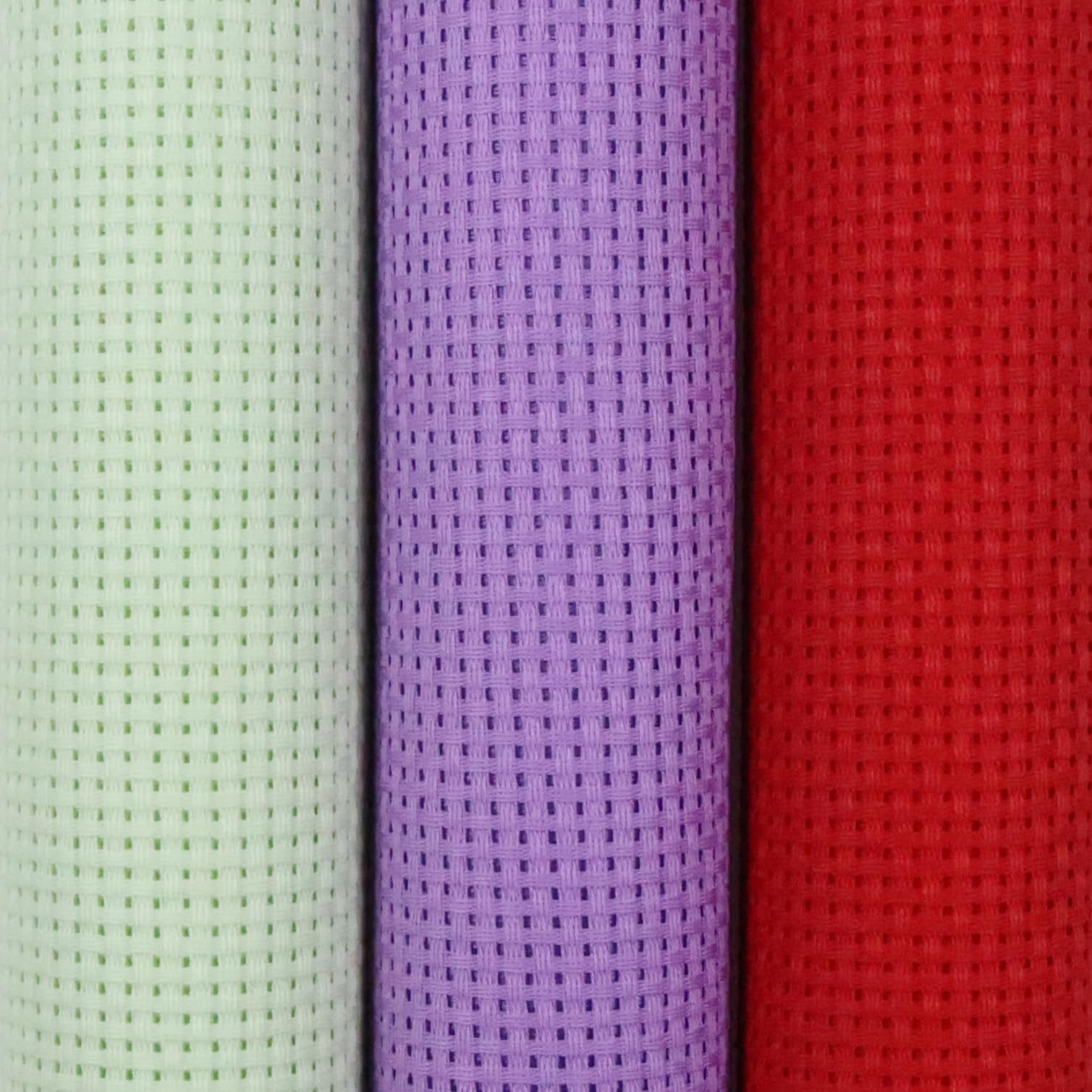 KCS 3 pc of 15" x 18"(38cmx45cm) 11 Count Cross Stitch Cotton Aida Cloth Needlework Rolled Fabric Box,11CT,Light Green+Lavender+Red