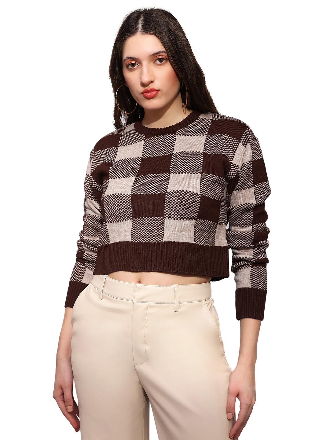 Women Round Neck Long Sleeves Checkered Ribbed Hem Winterwear Pullover Sweater-image-46