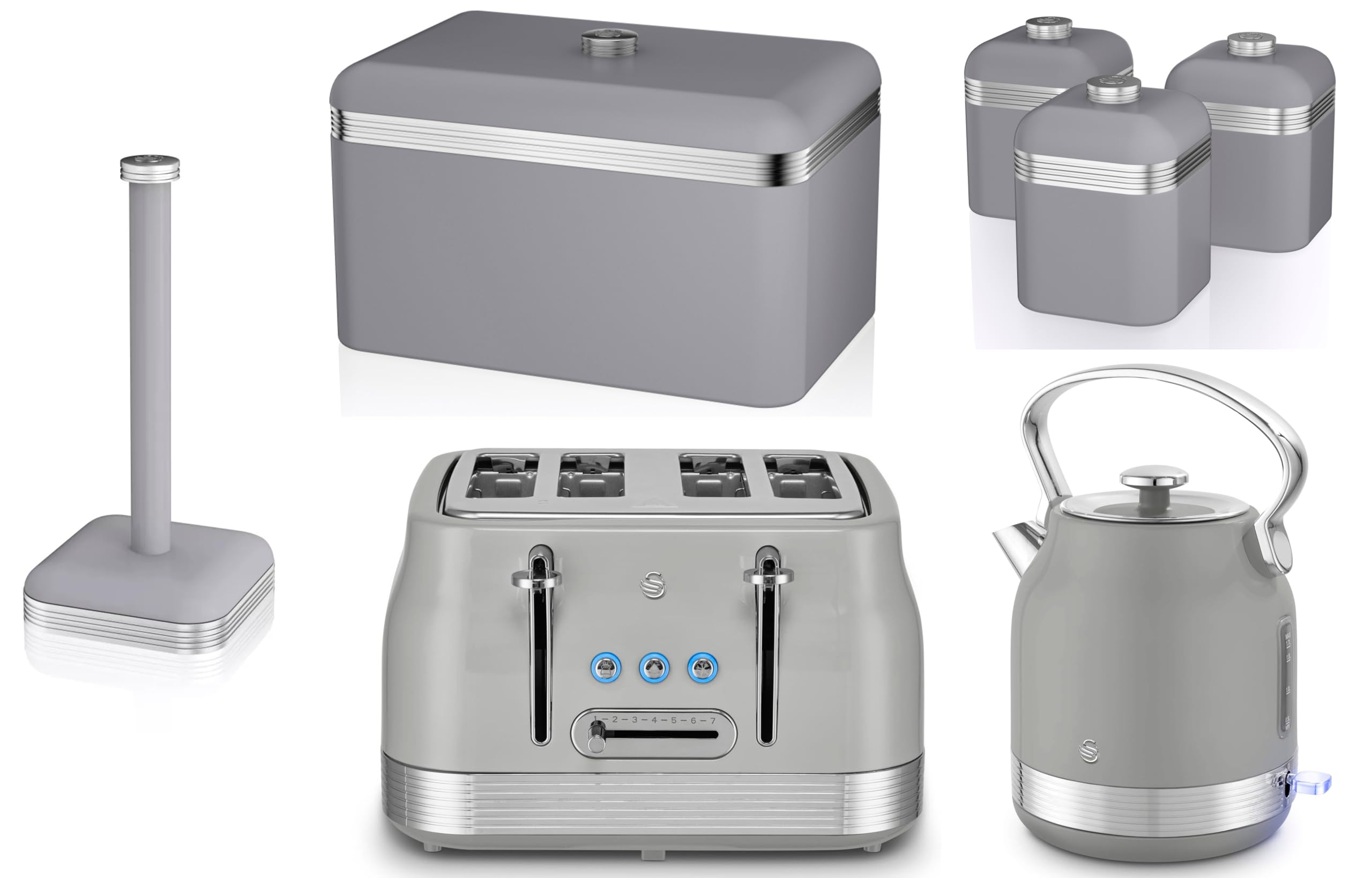Swan Grey Retro 7 Piece Kitchen Set – Stovetop Inspired Traditional Design Revive Kettle & 4 Slice Toaster With Retro Breadbin, 3 Canisters & Kitchen Roll Holder Storage Set