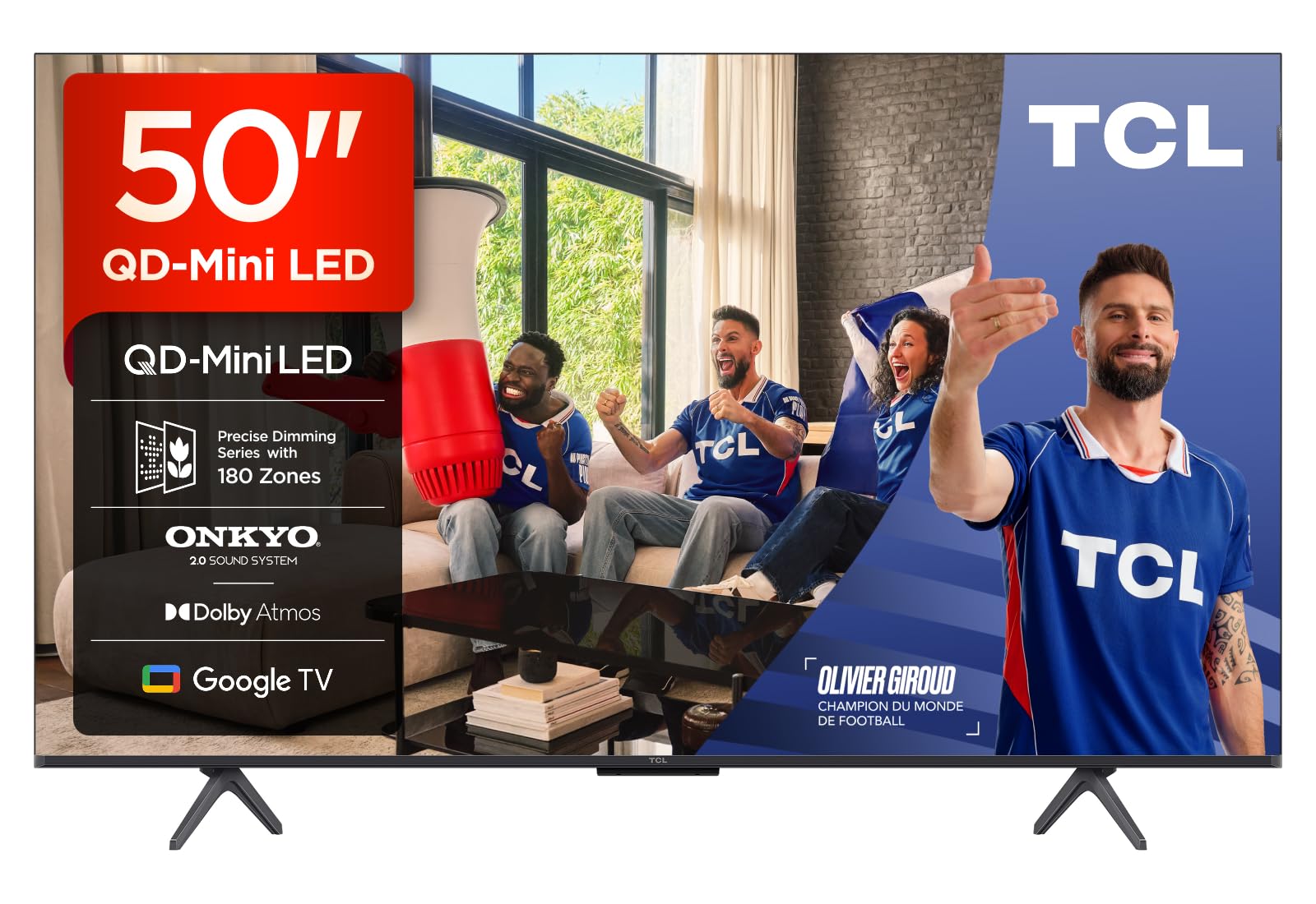 TCL 50Q6C QD-Mini LED TV, 4K HDR Premium 1000nits, Smart TV alimenté par Google (Dolby Vision IQ et Atmos, système Audio Onkyo 2.1, Motion Clarity Pro 144Hz, Game Master, contrôle Vocal Mains Libres)