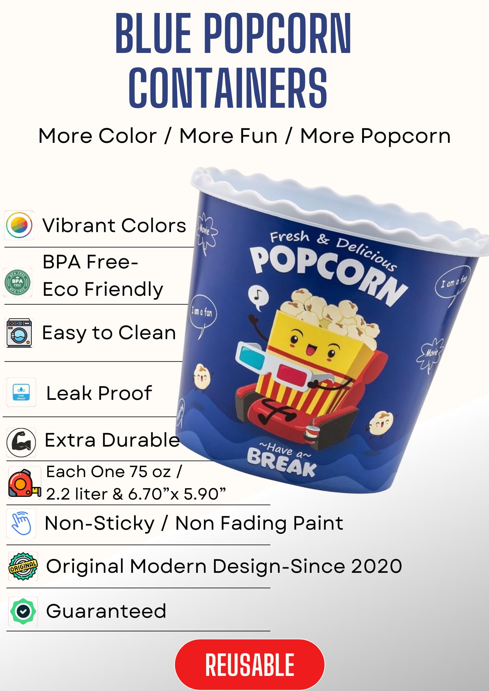 Caja de palomitas de maíz de plástico reutilizable de estilo moderno, para palomitas de maíz, juego de cuencos de palomitas de maíz para la noche de cine – libre de BPA – azul, paquete de 4 – 70 onzas
