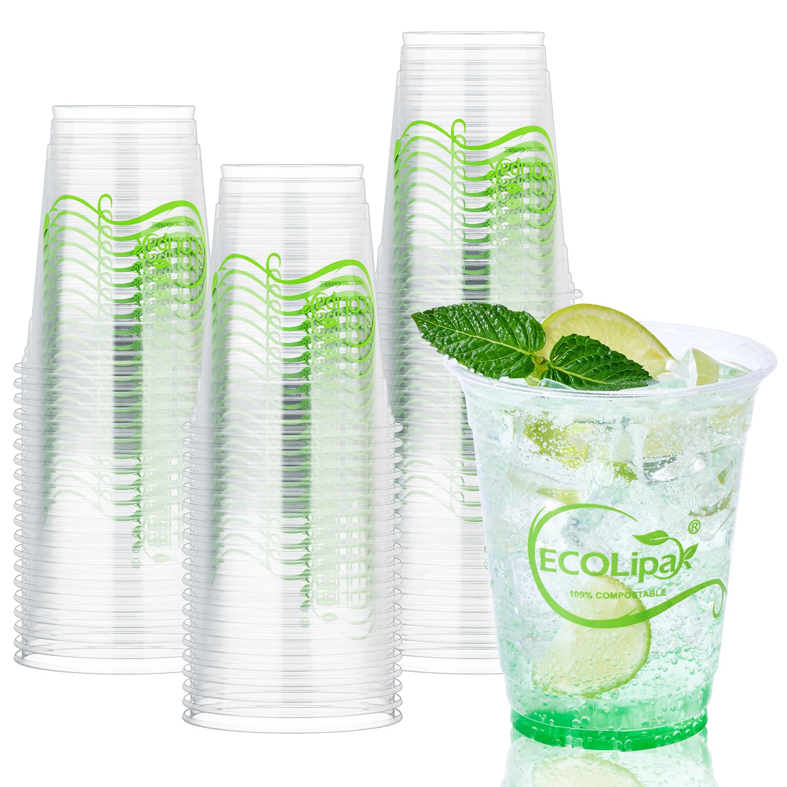 ECOLipak 100 Count 12oz Clear Disposable Compostable Plastic Cups for Party