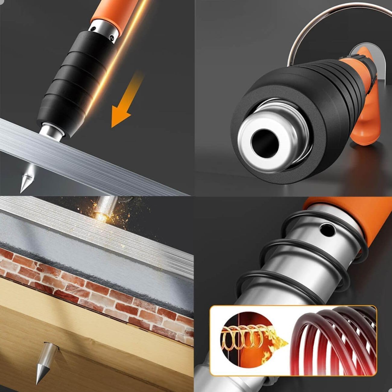 Four-panel image showing the nail gun in action: top-left shows the gun head pressing against a metal surface, top-right shows a close-up of the firing mechanism, bottom-left shows a rivet driven into a wooden beam, and bottom-right shows the internal spring mechanism.