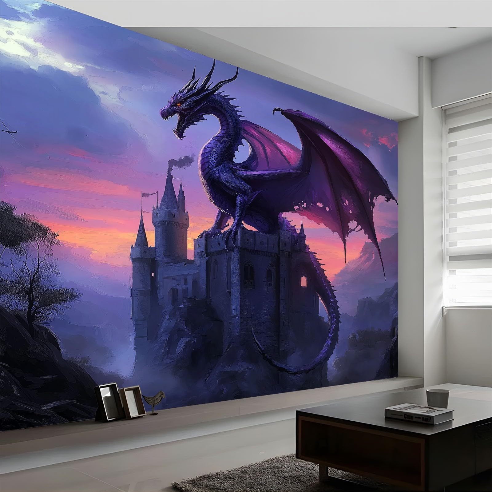 Papel Pintado Infantil 3D Fantasía Cuento De Hadas Castillo Dragón 400 x 280 cm - Mural de Pared para Habitación de Niños y Niñas en Tela No Tejida Premium - Diseño Artístico para Soñar Azul Púrpura