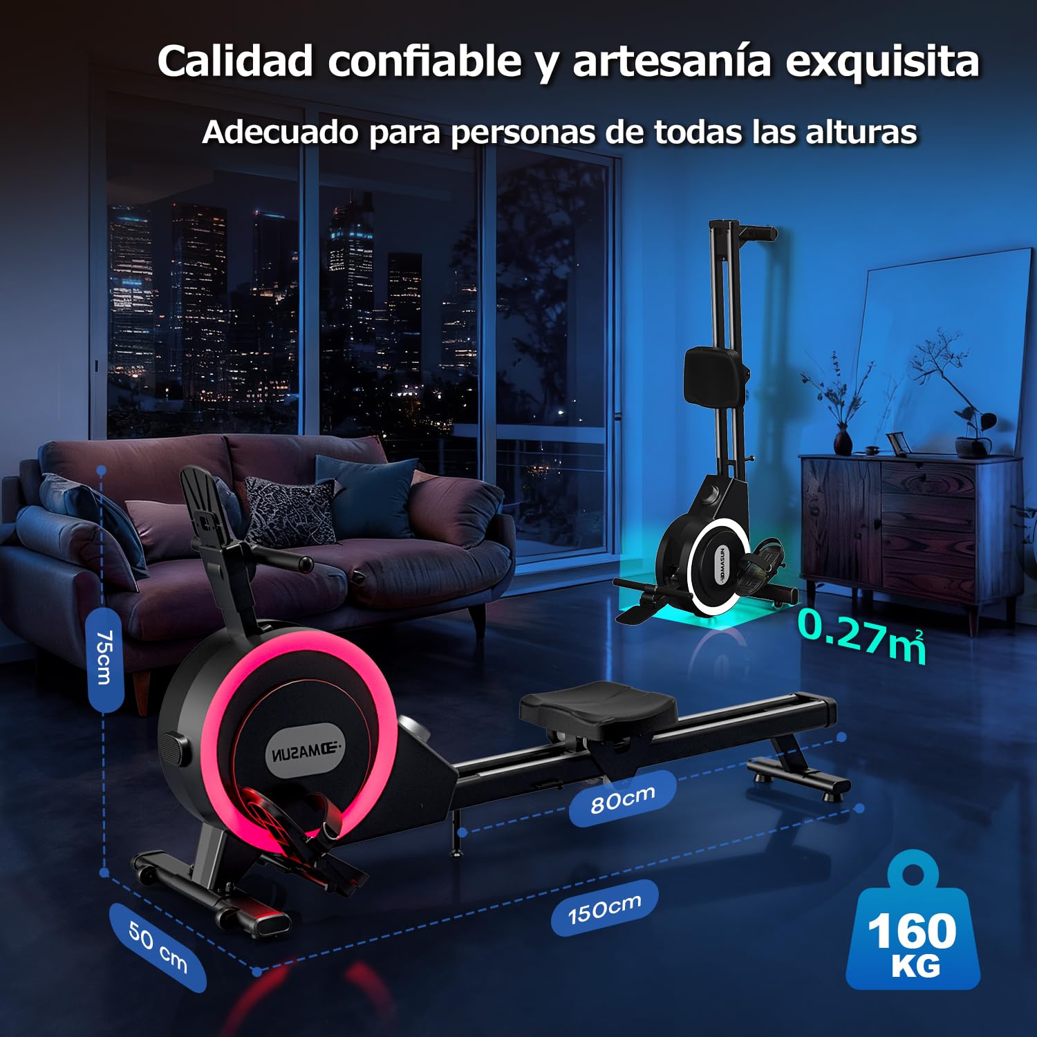 DMASUN Máquina de Remo para casa, Remo magnético con 32 Niveles de Resistencia silenciosa, rieles deslizantes Dobles mejorados, Capacidad de Peso de 160 kg, Compatible con App, indicador de luz