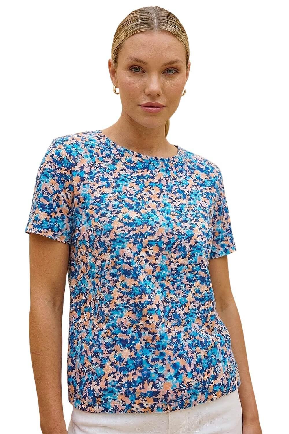 Roman Women's Blue Floral Print Elasticated Hem Top In | Size: 12