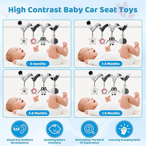 Miniatura 3 de Juguetes para bebés de alto contraste, juguetes colgantes en blanco y negro para asiento de automóvil, cochecito y cuna, esenciales para recién