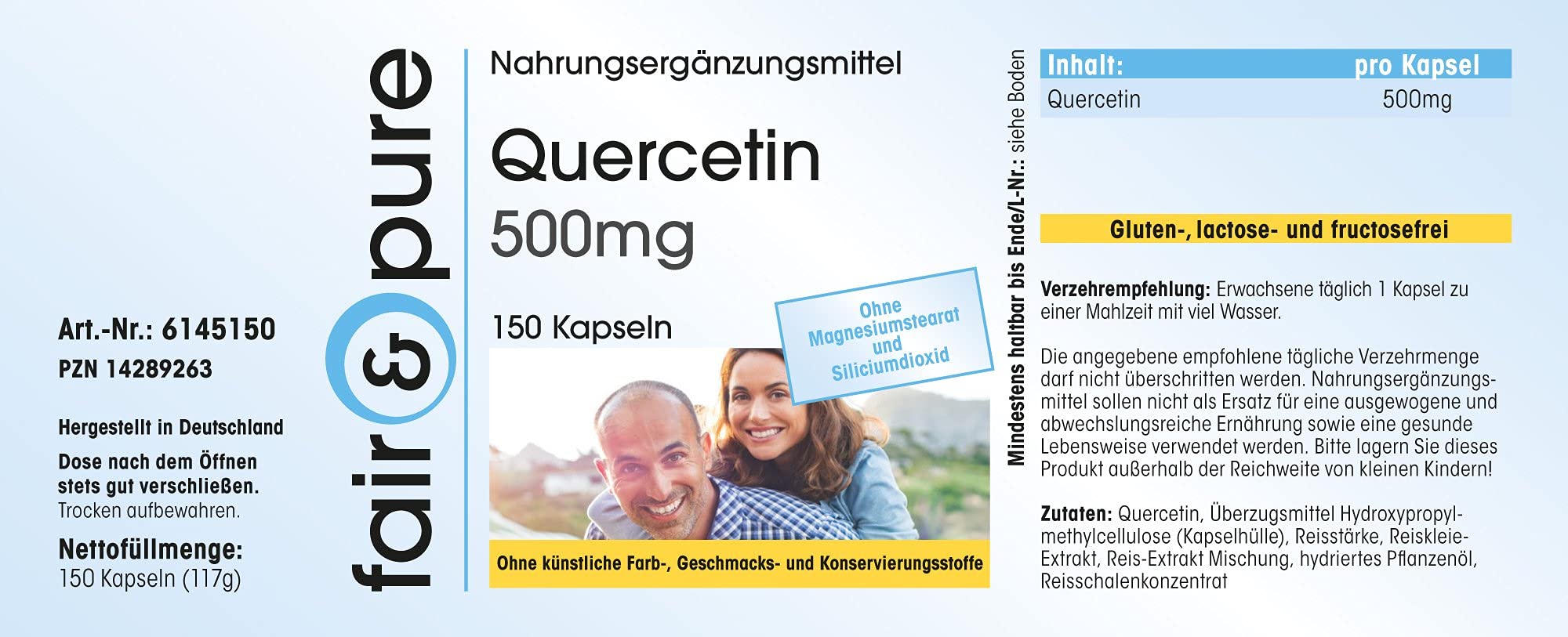 Fair & Pure Quercetin 500mg, 150 Kapseln, hochdosiert, Nahrungsergänzungsmittel vegan ohne Magnesiumstearat, in Deutschland hergestellt (Packung mit 2)