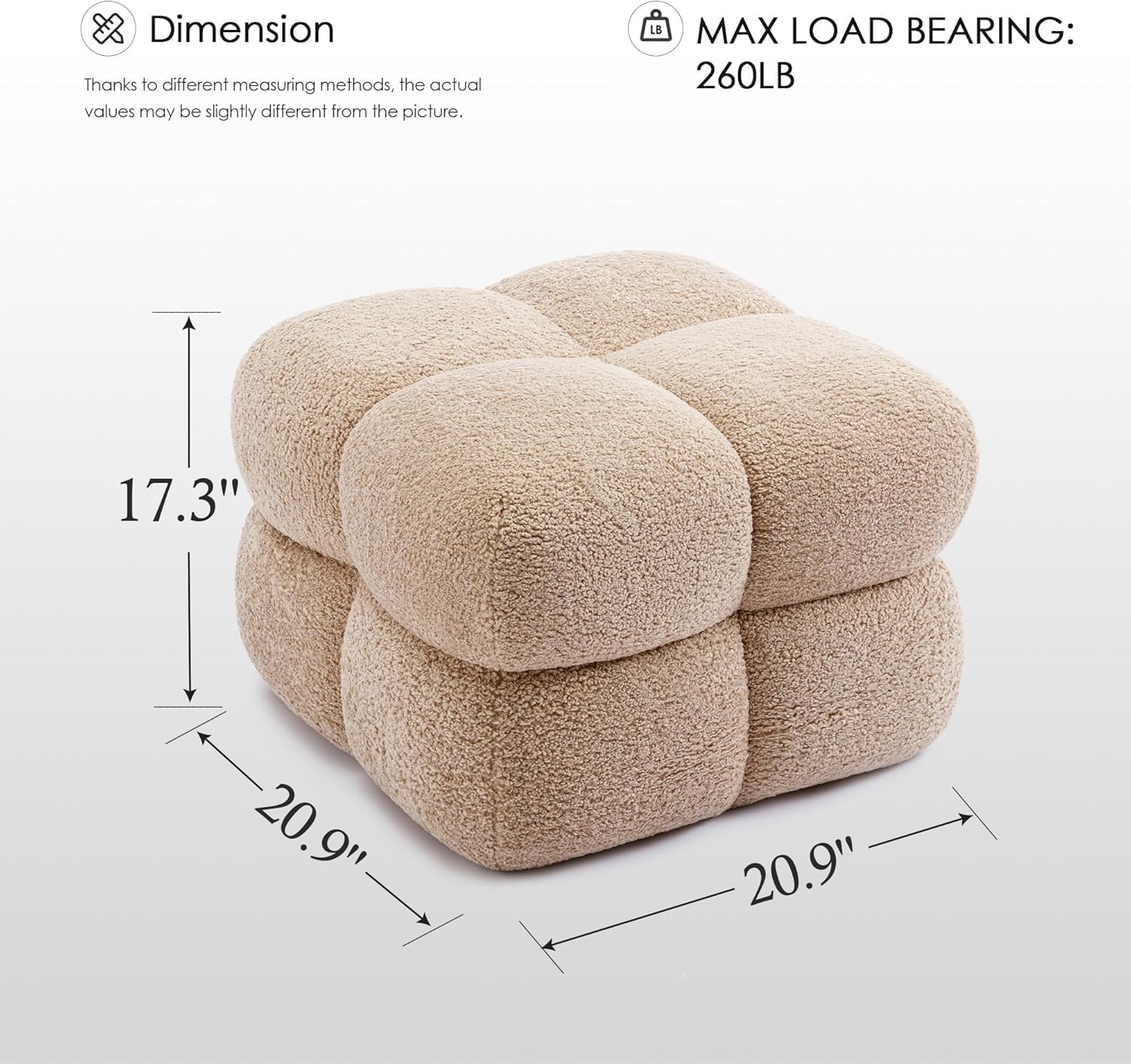 Zesthouse Square Pouf Ottomans Footstool Set of 2, Modern Ottoman Coffee Table for Living Room, Fuzzy Sherpa Fabric Stool Foot Rest, Upholstered Tufted Stool for Couch Sofa, Cute Vanity Chair, Tan