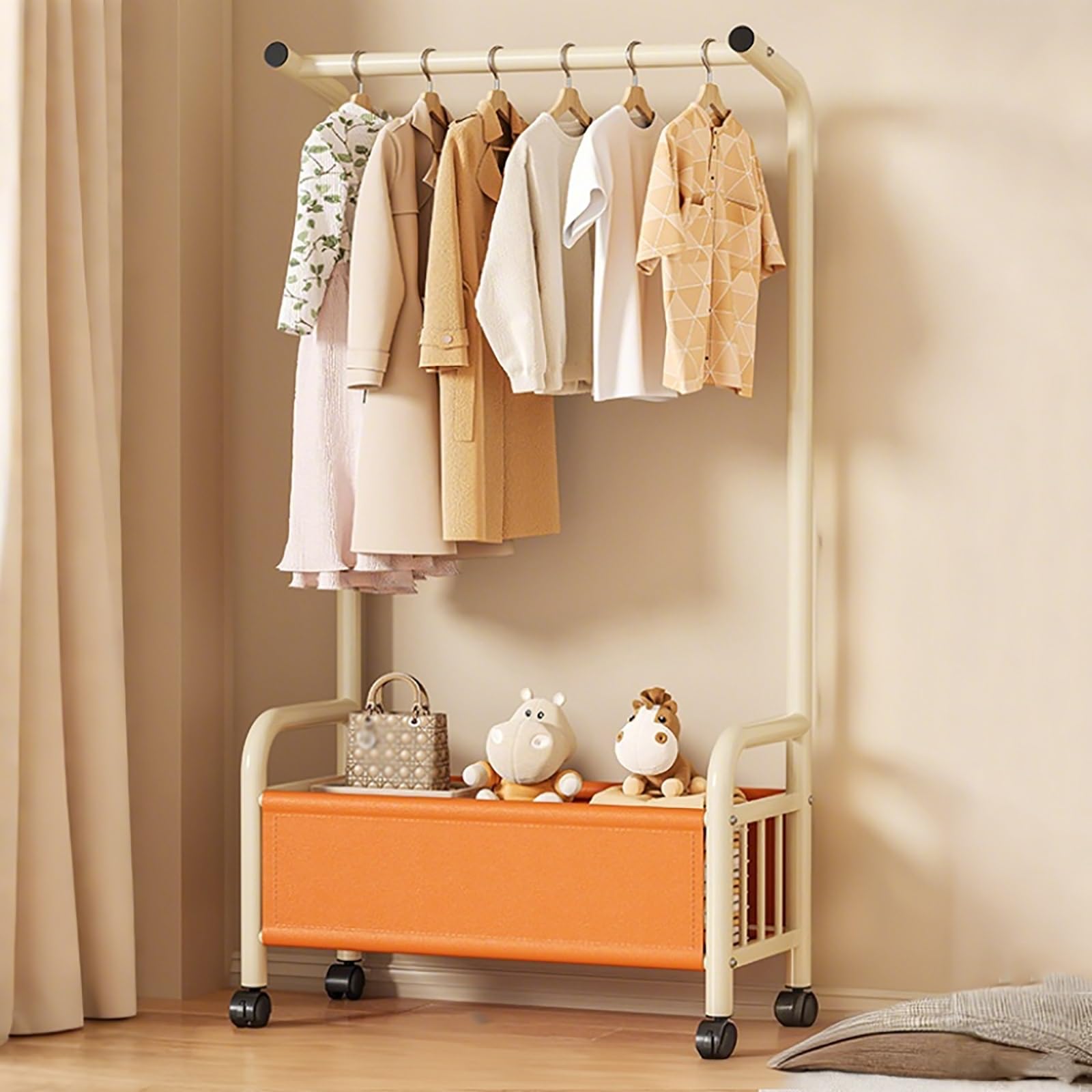 Penderie mobile robuste avec panier réglable en métal blanc pour vêtements