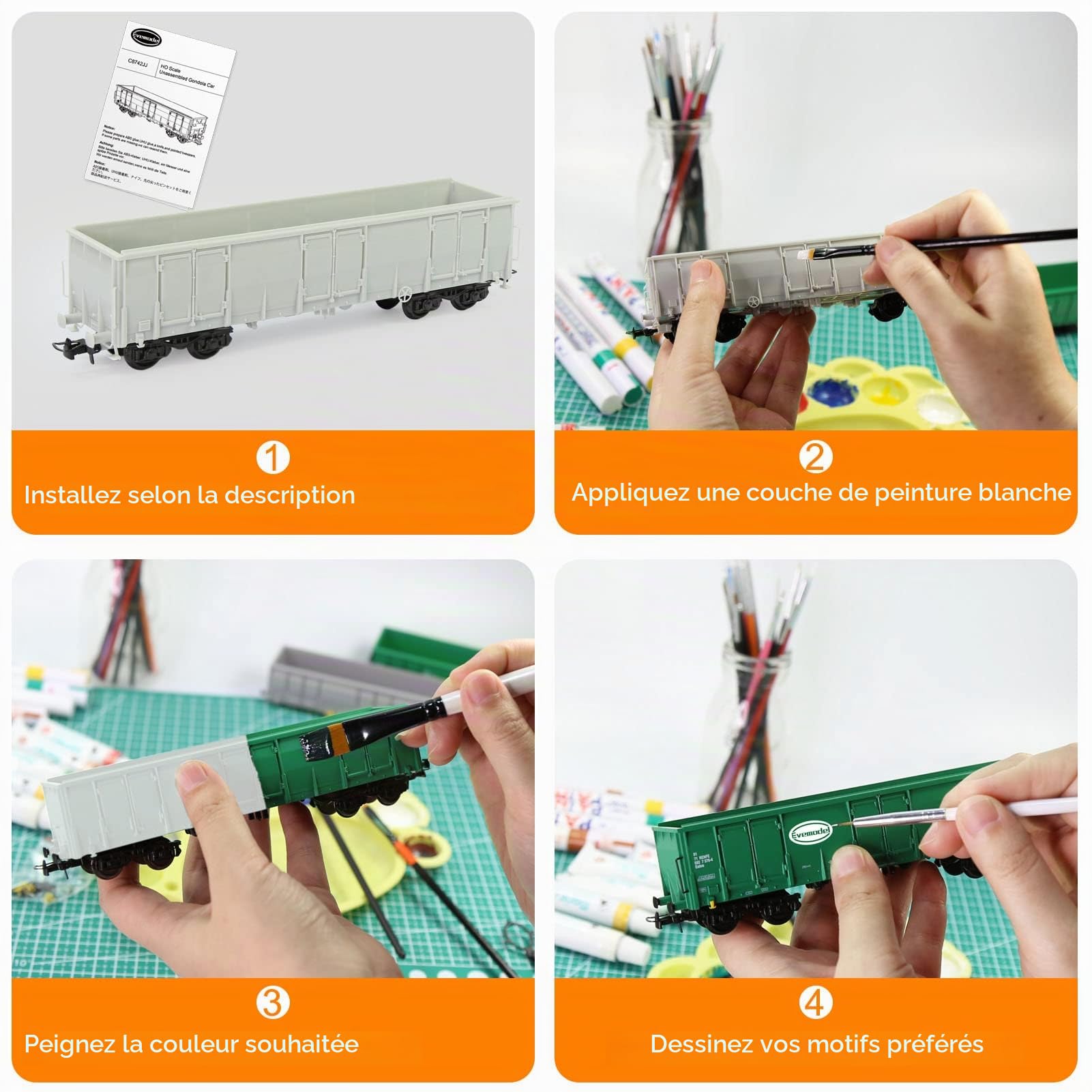 Evemodel Lot de 2 wagons à bord H0 1:87 - Modèle chemin de fer - Wagon - Colle non moulue - Non peint - Non monté
