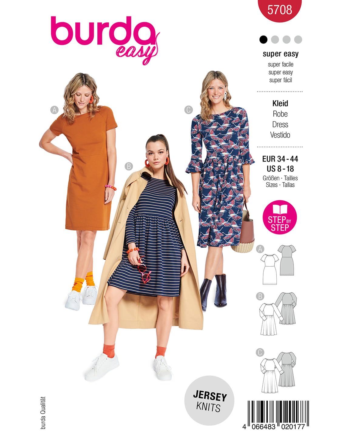 Burda Schnittmuster Jerseykleid Kate – Drei Modelle, Größe 34–44