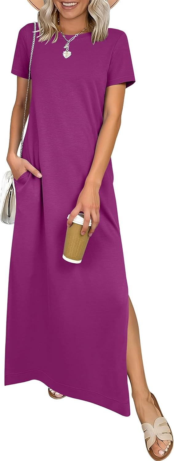ANRABESS Womens Summer Casual Maxi Dress Short Sleeve Crewneck Split Wrinkle-Free Travel Long Sundress Beach Vacation Clothes