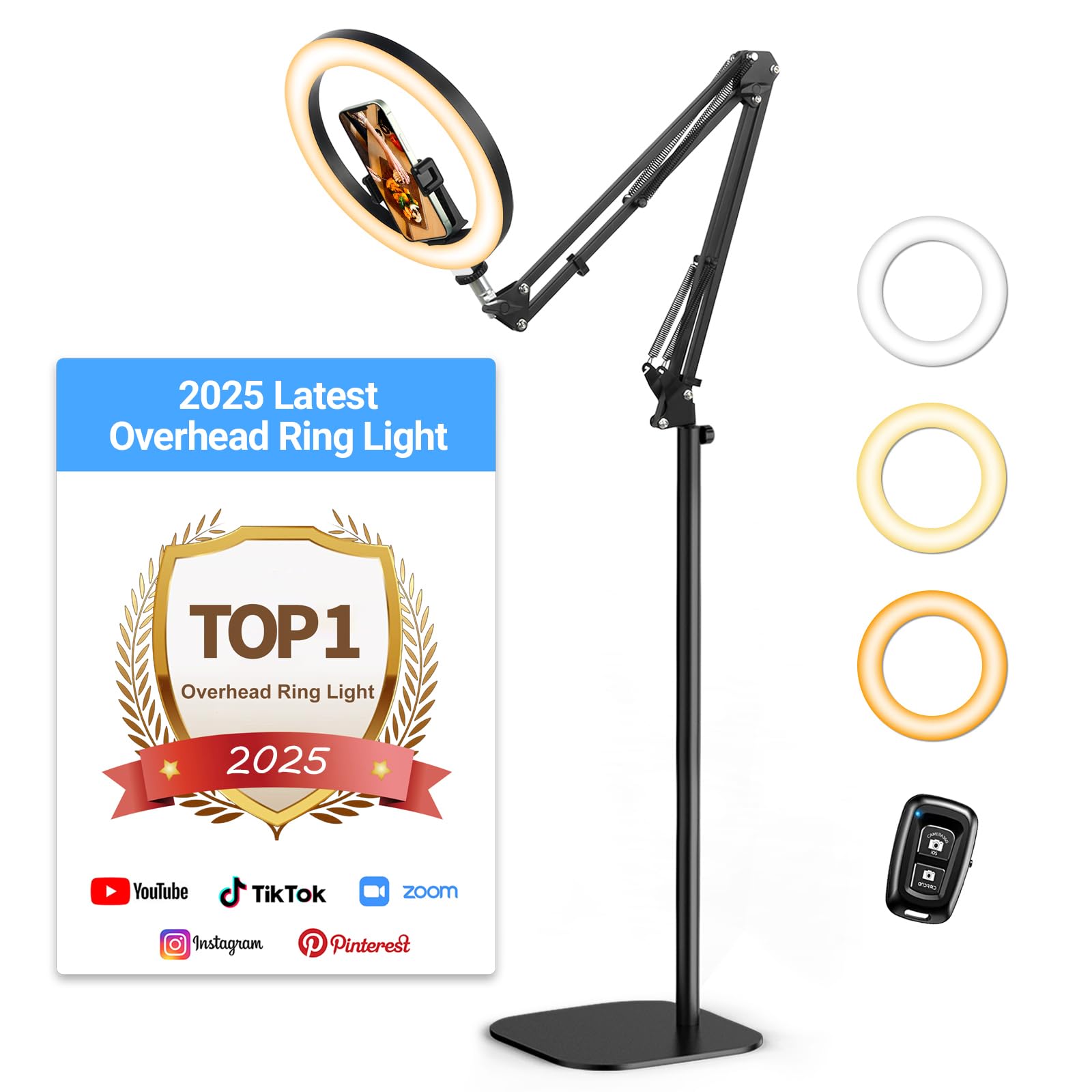 Latest Ring Light with Stand Tripod for iPhone, Overhead Phone Camera Mount with Light and Phone Holder Stand for Recording, 10” Selfie Light for
