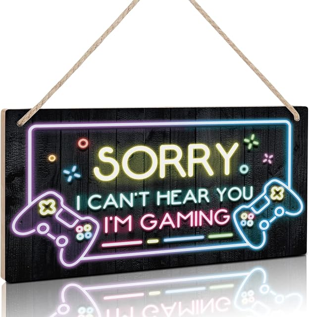 TOARTi Neon Light Gaming Wood Sign for Boys Bedroom Door Decorations,Gamer Quotes Sorry I cant hear you I am Gaming Wall Art Decor for Gamer Gifts,Video Game Wooden Plaque for Gaming Zone,6 x 11 inch