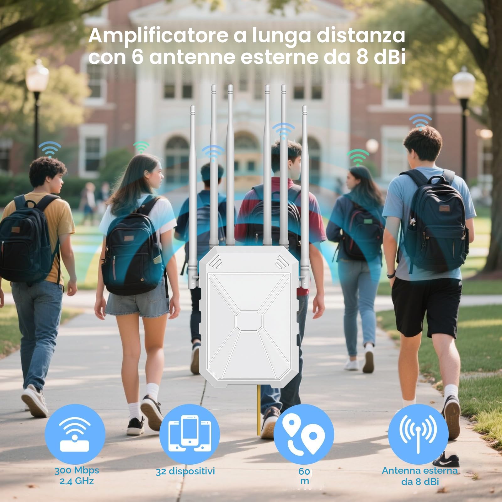 Ripetitore Wi-Fi per esterni N300 con 6 antenne, amplificatore Wi-Fi a lunga distanza per esterni, IP67 resistente alle intemperie, PoE passivo, modalità AP/router/ripetitore, porta Ethernet, per