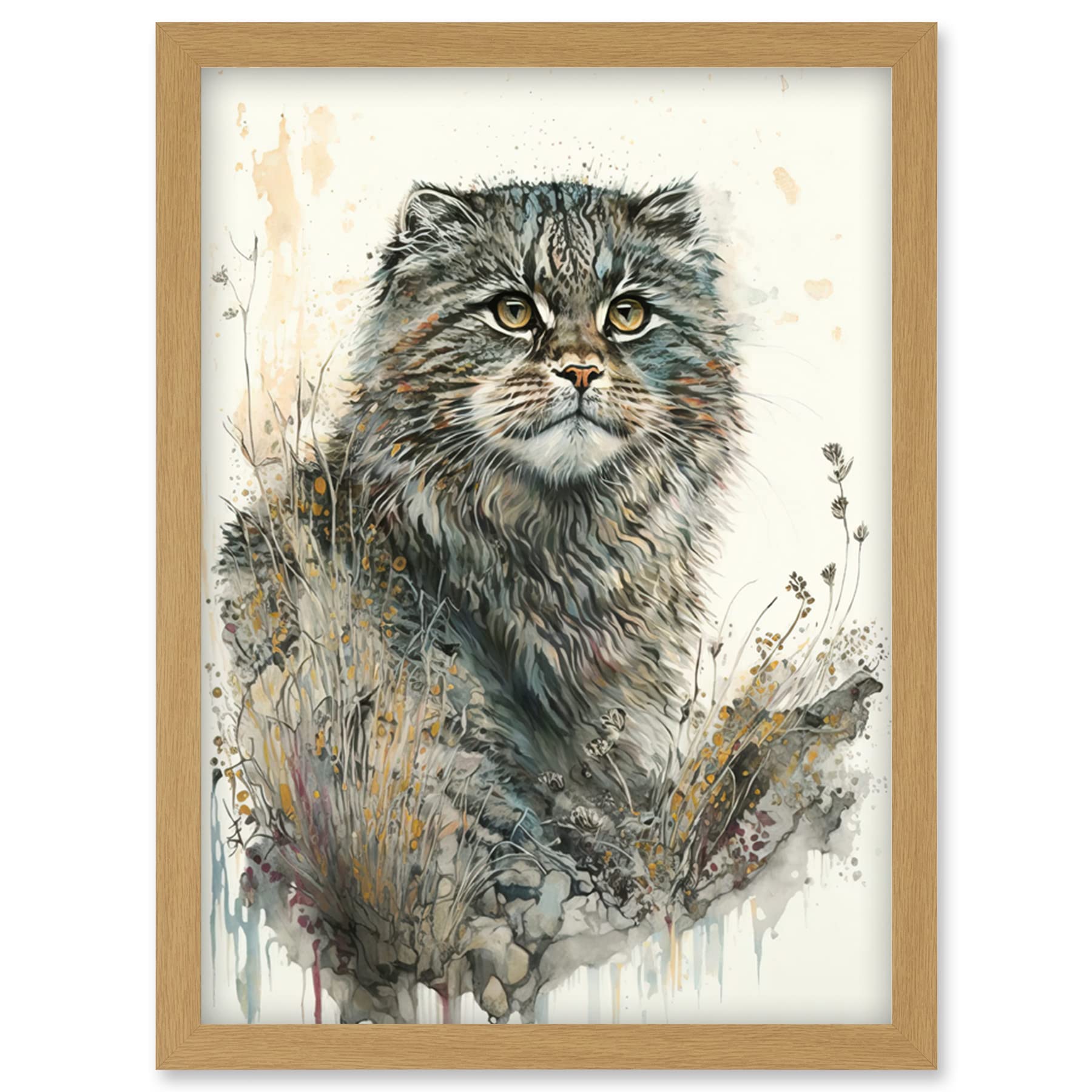 Artery8 Manul Pallas Cat Portrait in Wildflowers Watercolour Illustration Artwork Framed Wall Art Print A4