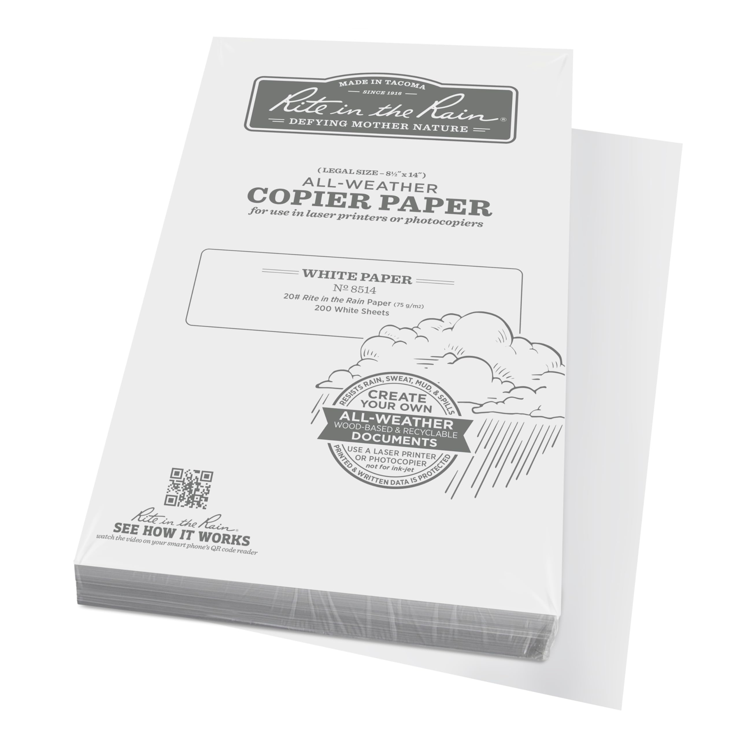 Rite In The Rain Weatherproof Copier Paper, 8.5" x 14", 20# White, 200 Sheet Pack (No. 8514)