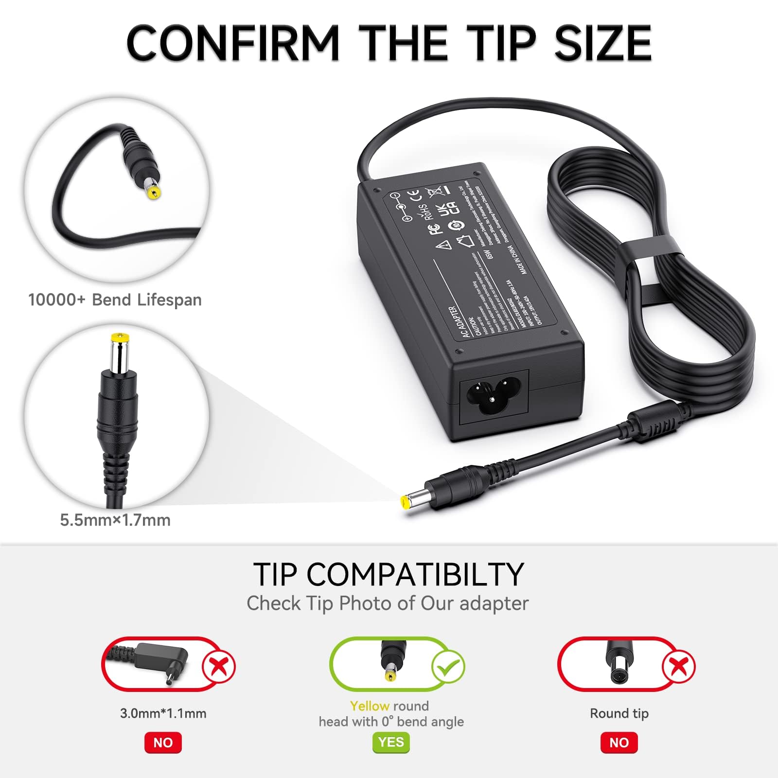 Caricatore 65W Alimentatore 19V 3.42A Caricabatterie per Acer Aspire One 5 3 E1 E3 E5 E14 E15 E17 Es1 V3 V5 V7 S3 R3 5250 5750 5920 5742 A315 Laptop PC Portatile Computer Adattatore di Alimentazione