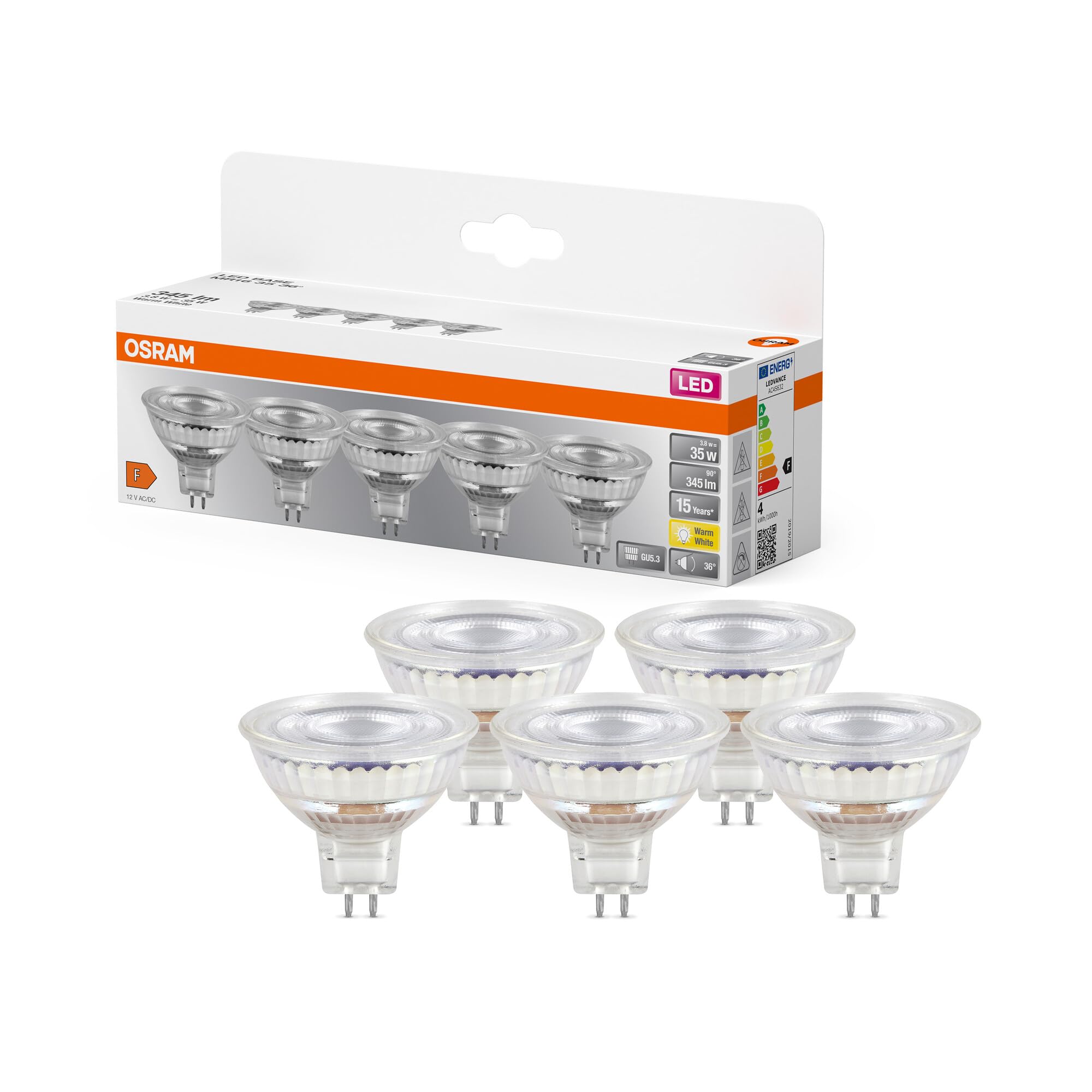 OSRAM LED BASE MR16 – Vorteilspack (5 Stück), GU5.3, 3.8W, 2700K, nicht dimmbar