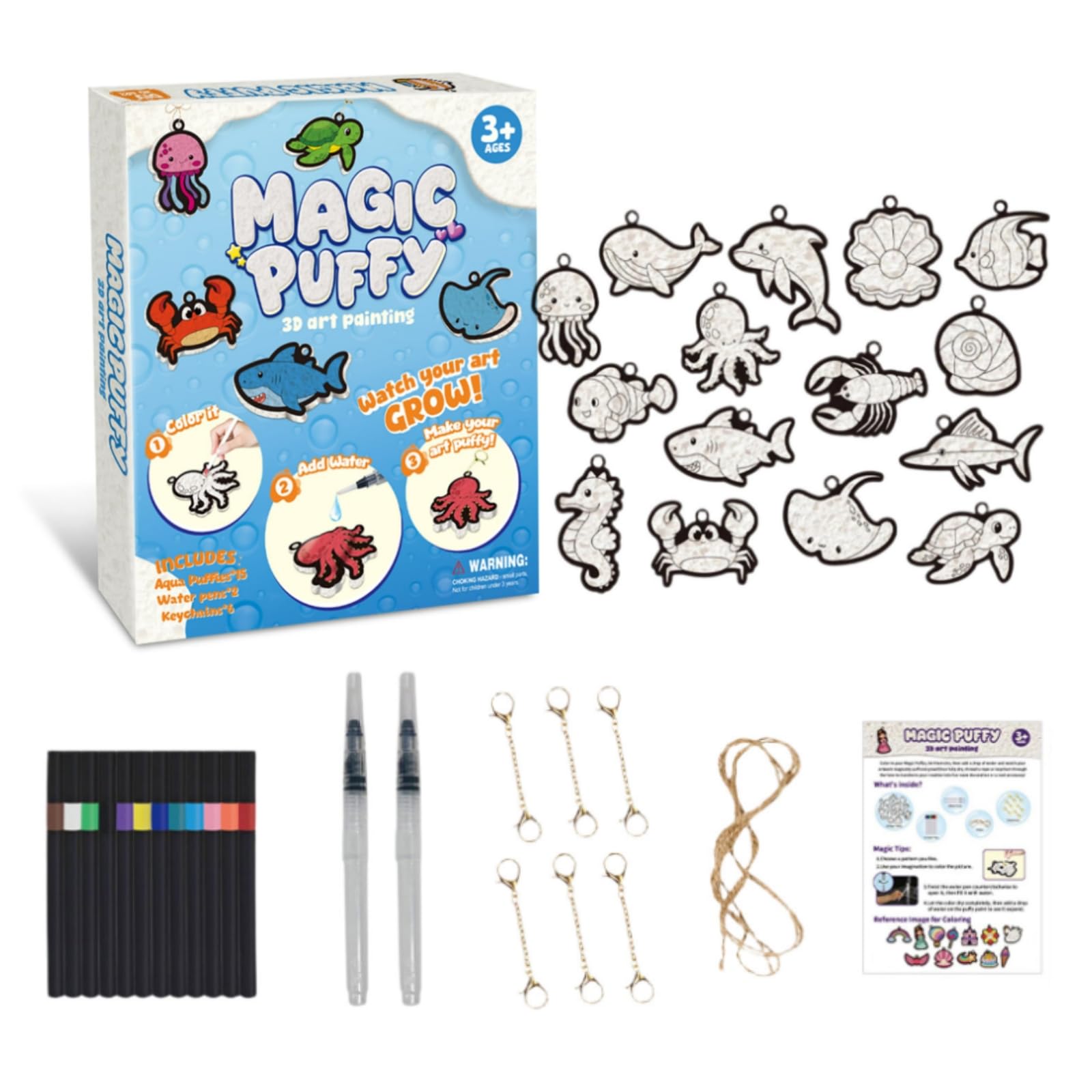 Magic Puffy Art Kit - Magic Foam Texture Painting Kit, Art Craft Aqua Puffs Paint Kit, 15 Pcs DIY Paint, 12 Colors Pens and Keychains, Mess-Free Creative Gift for Boys Girls (Ocean Style)