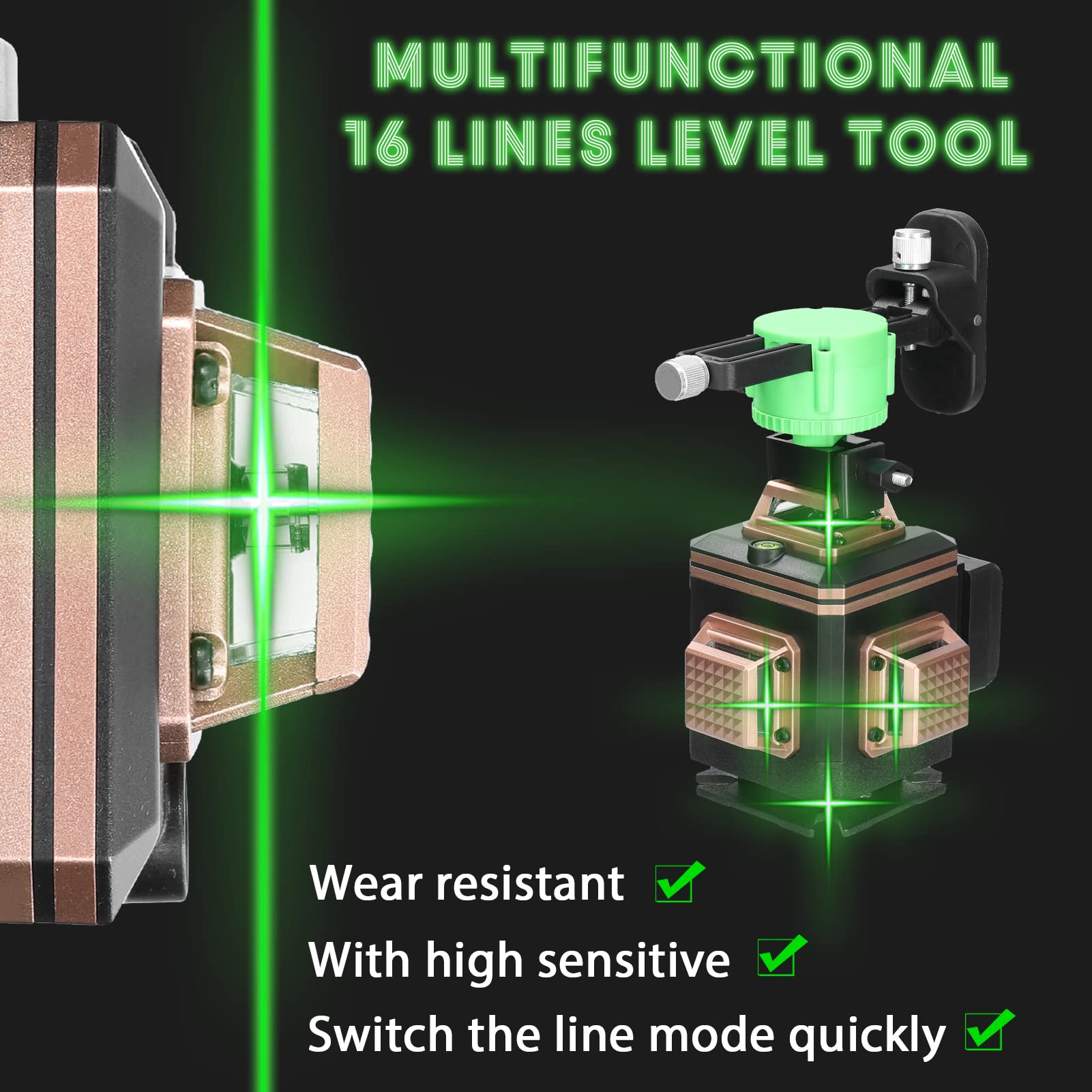Niveau Laser 360° Geevorks Niveaux Laser 360 4D 16 Lignes Autonivelant 25m Lazer Niveaux Verte 520 Nm,1 * Batterie,Support Mural,Lignes Horizontales Verticales Avec Fonction d'Auto-Nivellement à ±3°