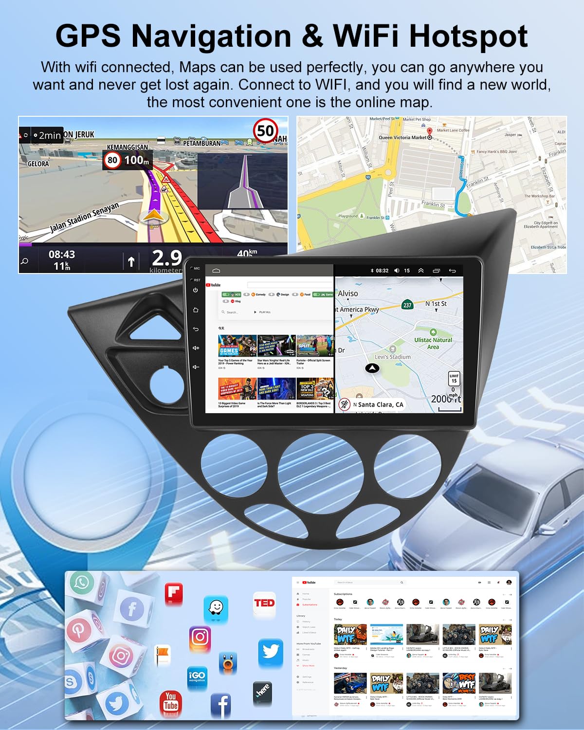 2+64G Android CarPlay Stereo para Ford Focus 1998-2004 - Radio de 9 Pulgadas con Pantalla táctil inalámbrica CarPlay Android Auto - WiFi GPS Mirror Link EQ RDS +Cámara de Marcha atrás&Mic