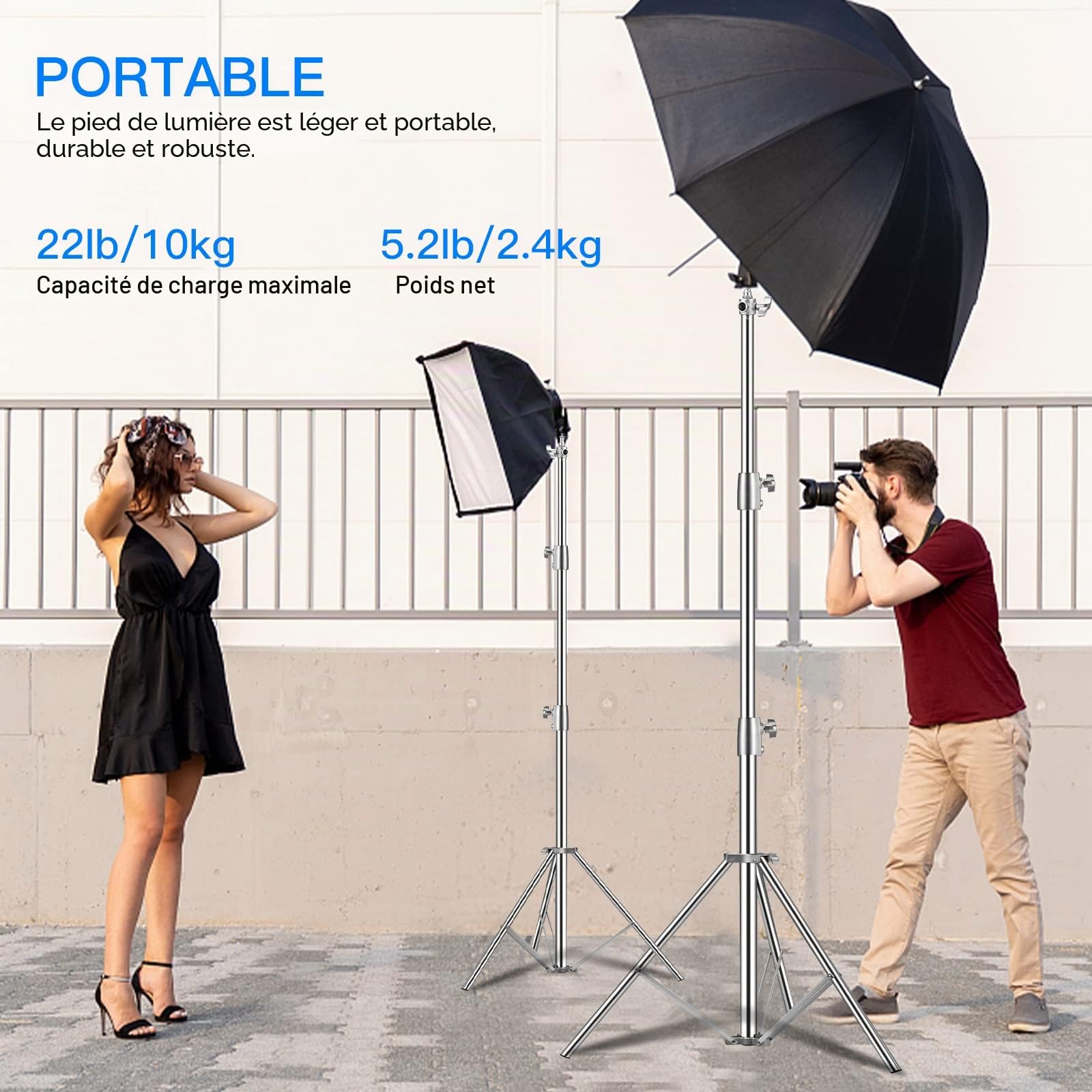 2,8 m Pied D'éclairage en Acier Inoxydable Support Eclairage Photographie avec Adaptateur Universel 1/4" vers 3/8" Trépieds pour Studio Photo Softbox Lumière Réflecteur Photographie Portrait Vidéo