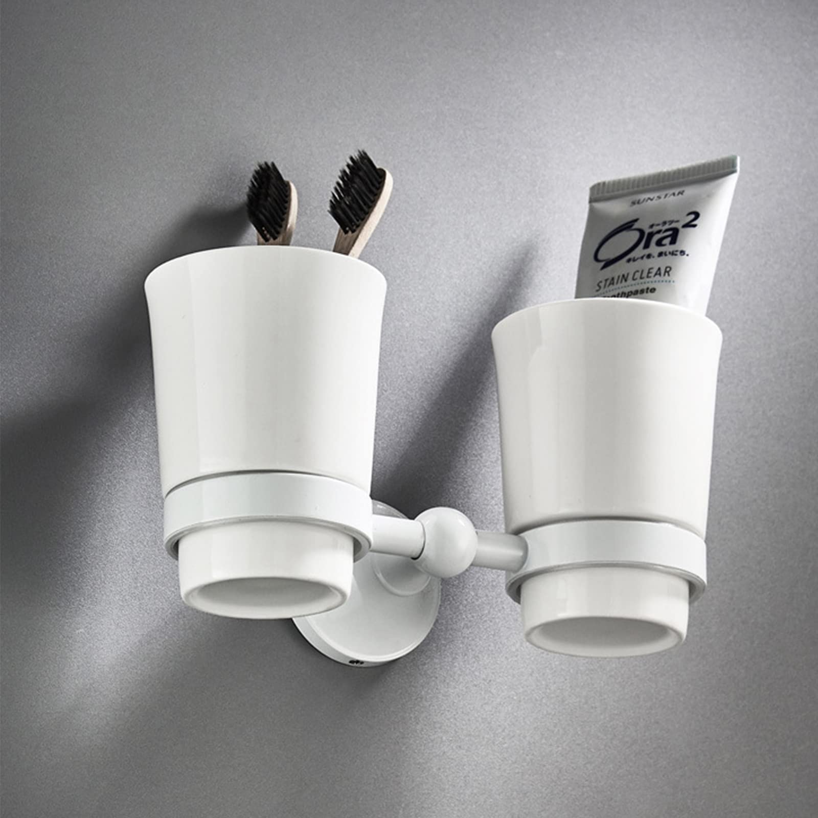 Soporte De Cepillo De Dientes Blanco, Soporte De Cepillo De Dientes Doble De Latón Macizo para Decoración De Baño, Soporte De Cepillo De Dientes Montado En La Pared con Taza De Cerámica